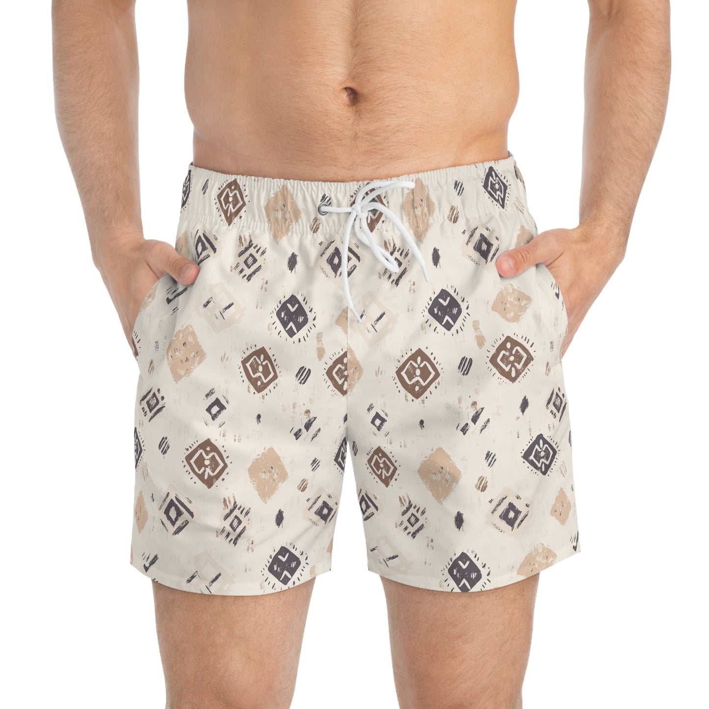 Men’s Boho Abstract Swim Trunks – Neutral Earth Tone Boardshorts | Modern Minimalist Swimwear | Fast-Dry Men’s Swim Shorts