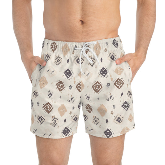 Men’s Boho Abstract Swim Trunks – Neutral Earth Tone Boardshorts | Modern Minimalist Swimwear | Fast-Dry Men’s Swim Shorts