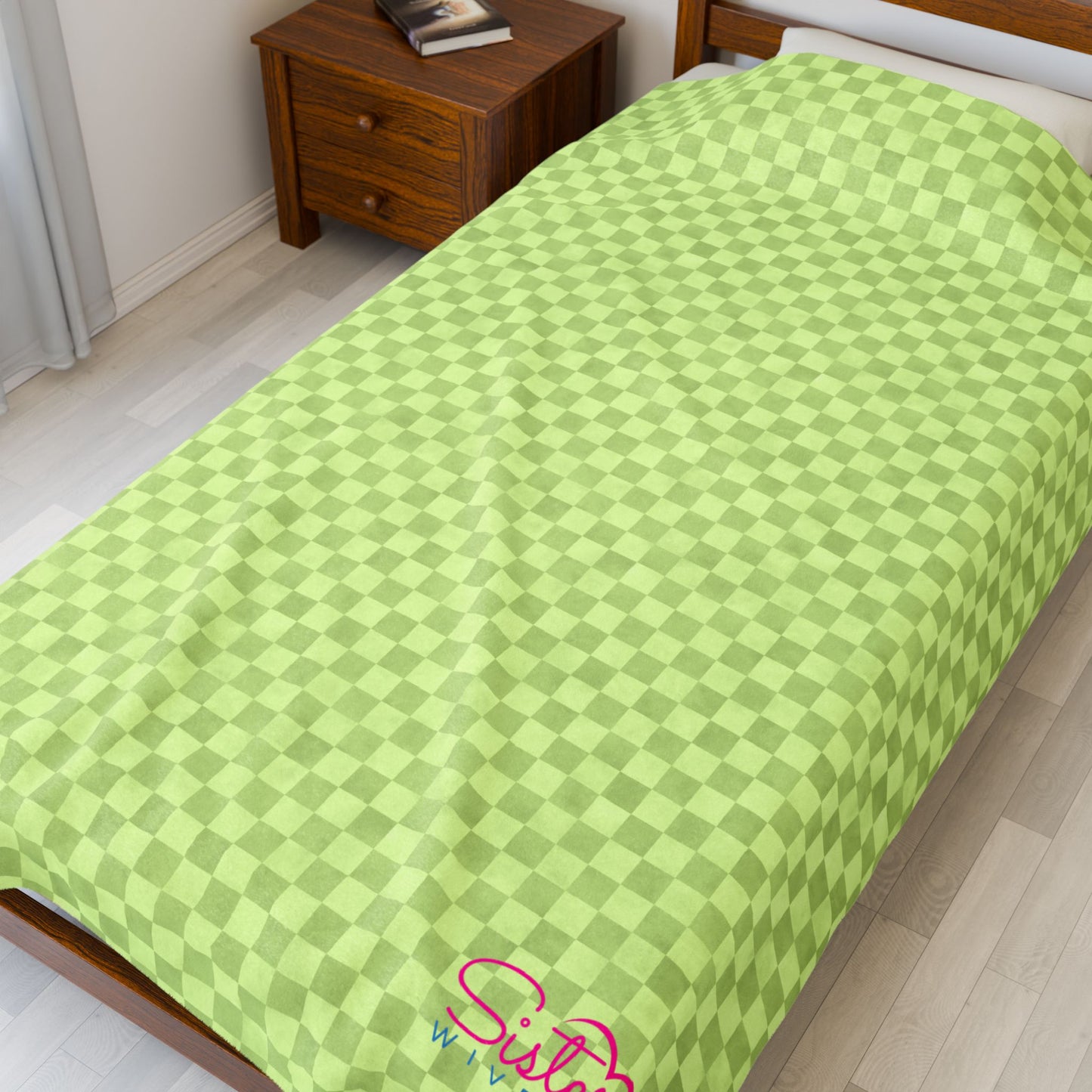 Light Green Checker Plush Blanket | Cozy Velveteen Throw | Polyamory & ENM Friendly Home Decor | Chosen Family Aesthetic Blanket