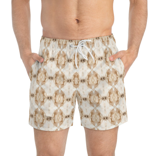 Men’s Boho Abstract Swim Trunks – Neutral Earth Tone Boardshorts | Modern Minimalist Swimwear | Fast-Dry Men’s Swim Shorts