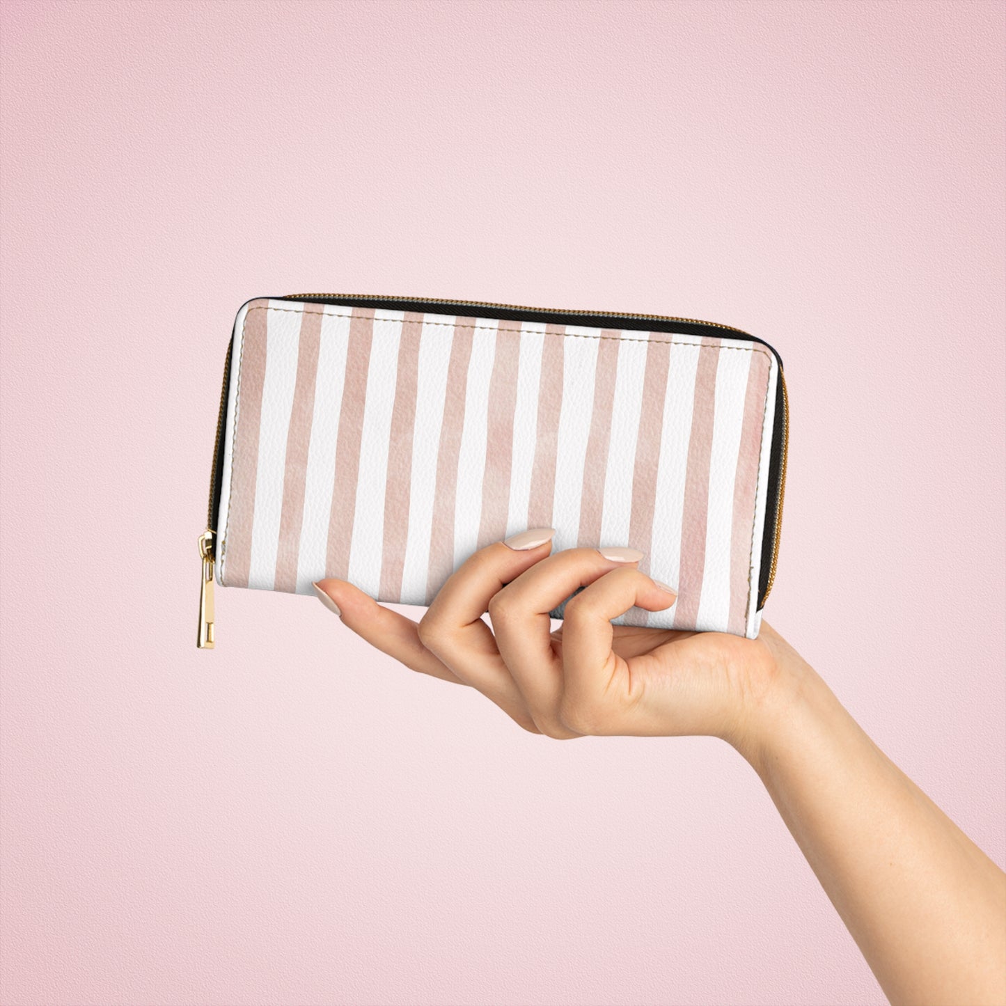 Stripe Zip Up Wallet – Polyamory Sisterwives ENM Friendly Wallet | Swinger Lifestyle Accessory | Minimalist Blush Stripe Zipper Wallet
