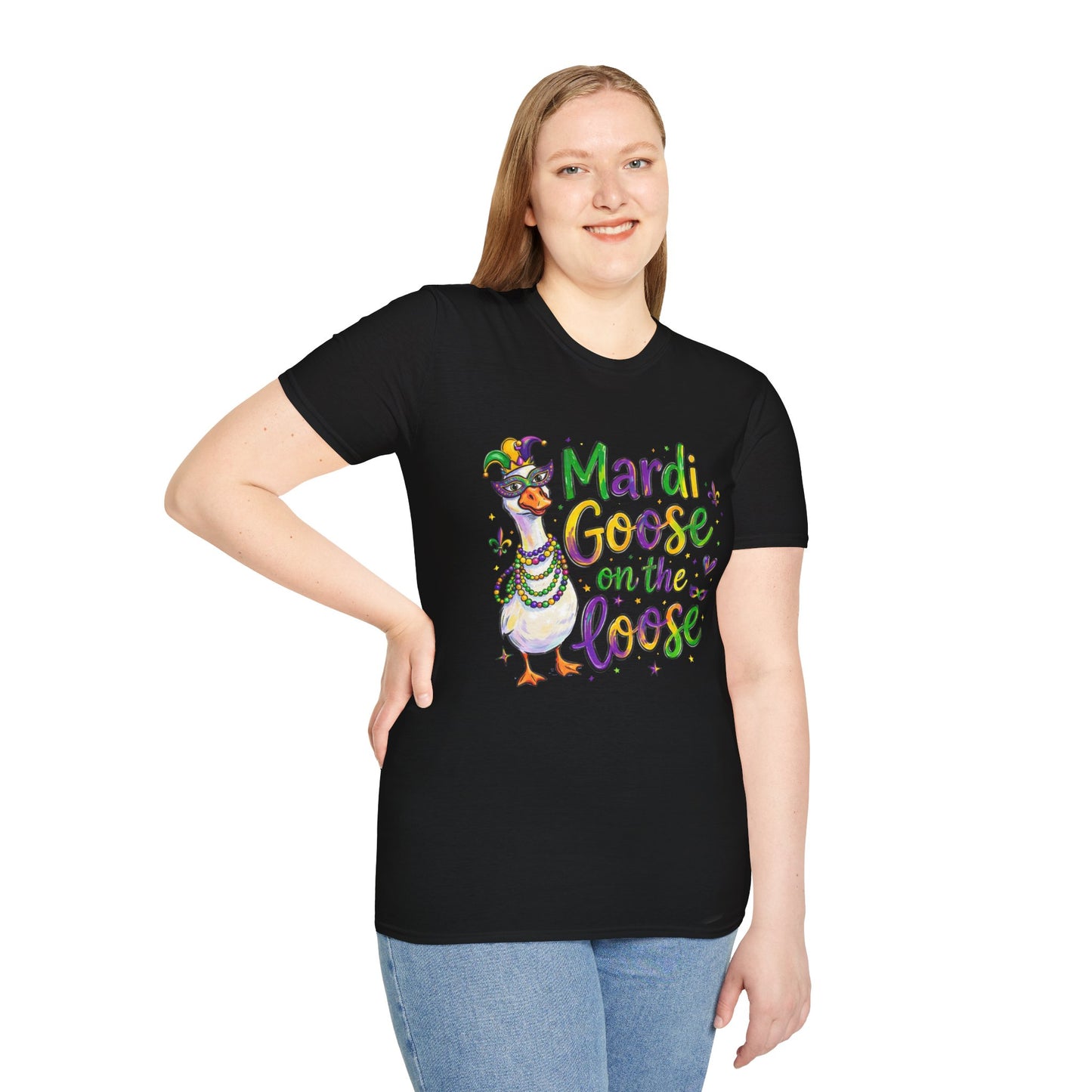 Mardi Goose on the Loose Shirt – Funny Mardi Gras Goose T-Shirt, Polyamory ENM Non-Monogamy Carnival Tee, Unisex Gildan 64000