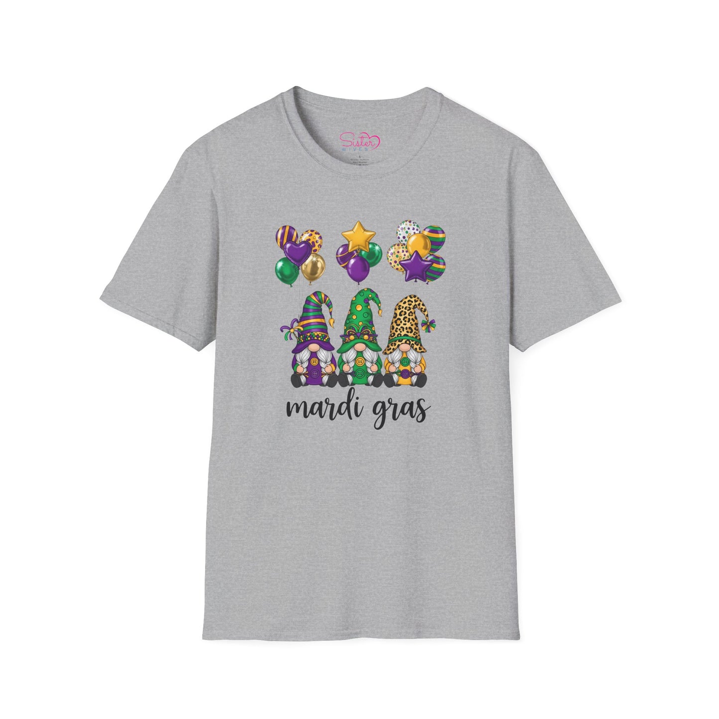 Mardi Gras Throuple Gnome T-Shirt | Polyamory ENM Pride Tee | Festive Gnome Graphic Shirt | Chosen Family Swinger Lifestyle Apparel