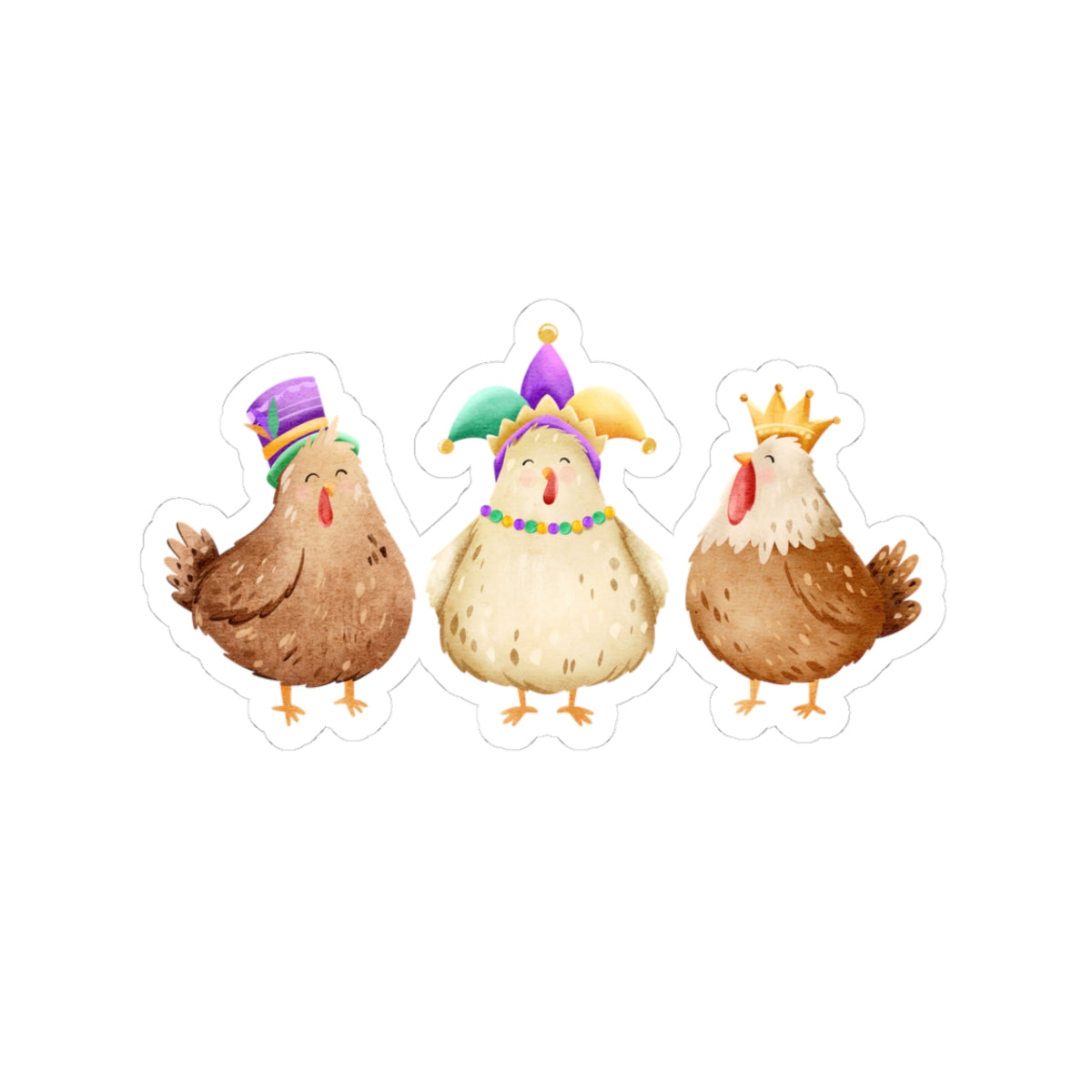 Throuple Mardi Gras Chickens Kiss‑Cut Sticker | Polyamory ENM Pride Decal | Chosen Family Laptop Sticker