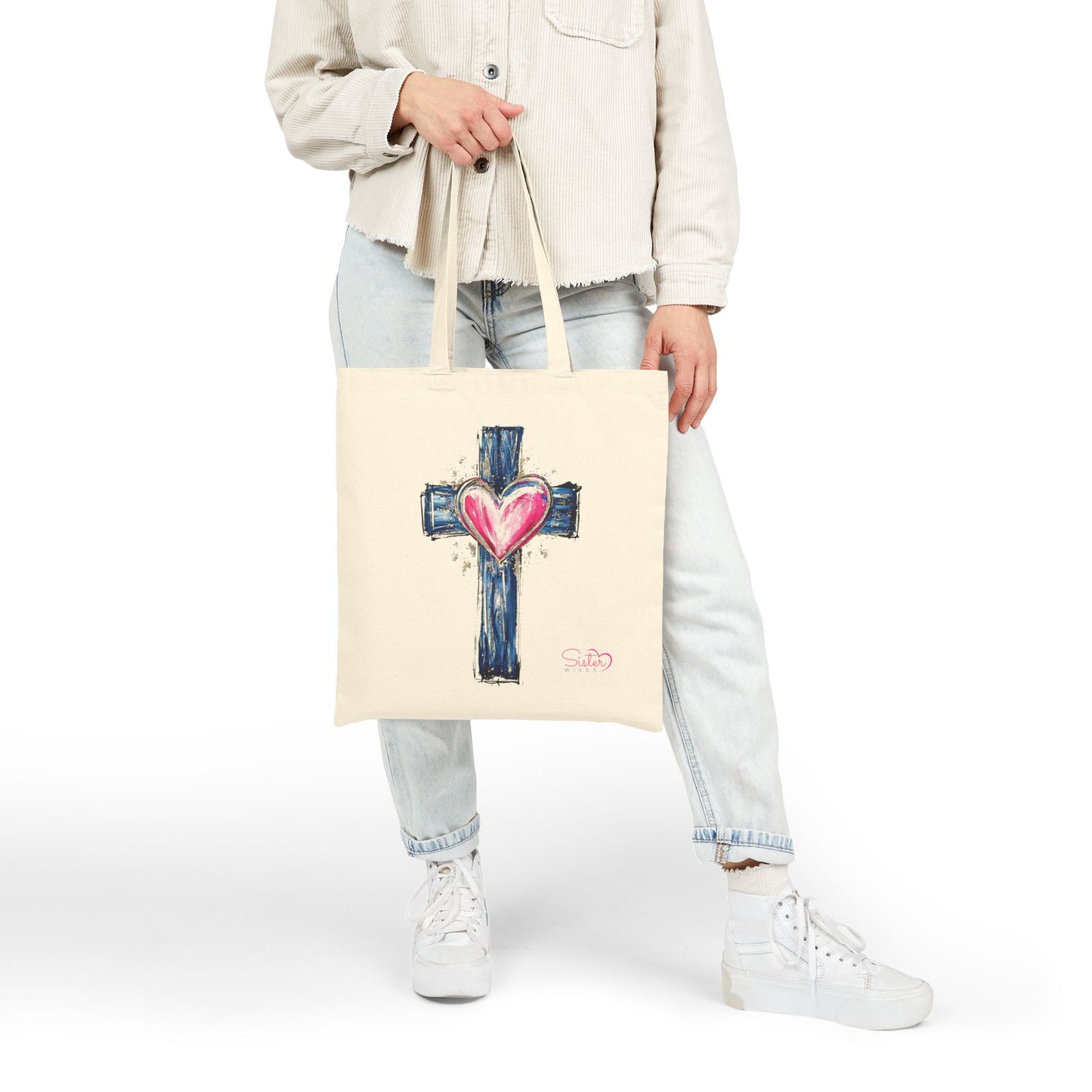 Cross with Heart Tote Bag | Faith & Love Canvas Tote | Chosen Family Christian Tote | Inclusive Spiritual Gift Bag