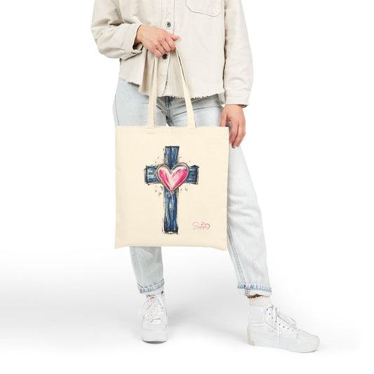 Cross with Heart Tote Bag | Faith & Love Canvas Tote | Chosen Family Christian Tote | Inclusive Spiritual Gift Bag
