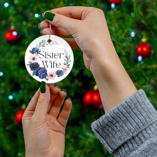 Sister Wife Blue Floral Ceramic Ornament, Personalized Holiday Decor, Family Gift, Christmas Decoration, Home Ornament