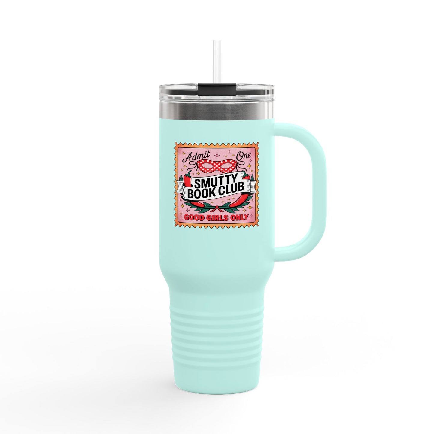 Smutty Book Club 40oz Insulated Travel Mug – Admit One Romance Reader Tumbler with Straw | Funny Spicy Booktok Cup