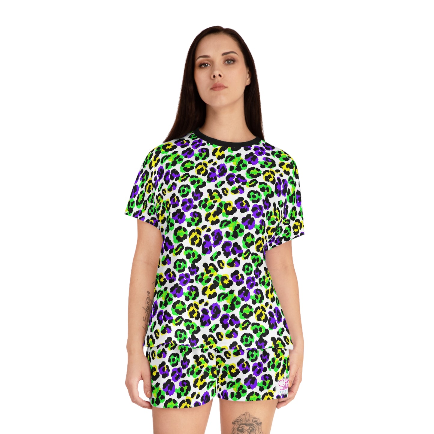 Mardi Gras Leopard Print Pajama Set – Animal Print Short Sleeve Sleepwear, Polyamory Friendly ENM Lounge Set, Bold Festival Pajamas