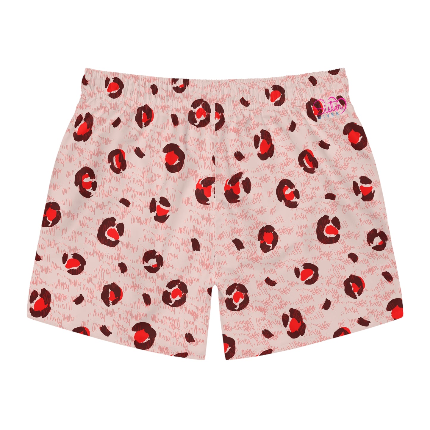 Men’s Valentine’s Leopard Heart Swim Trunks – Red Animal Print Board Shorts, Polyamory & ENM Friendly Swimwear, Fast-Dry Summer Shorts