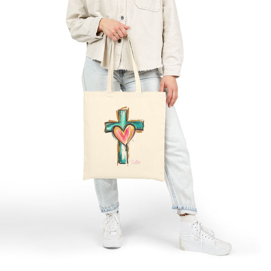 Colorful Sacred Heart Cross Canvas Tote Bag – Folk Art Faith & Love Tote | Hand-Drawn Christian Cross | Inclusive, Chosen Family Friendly Gift