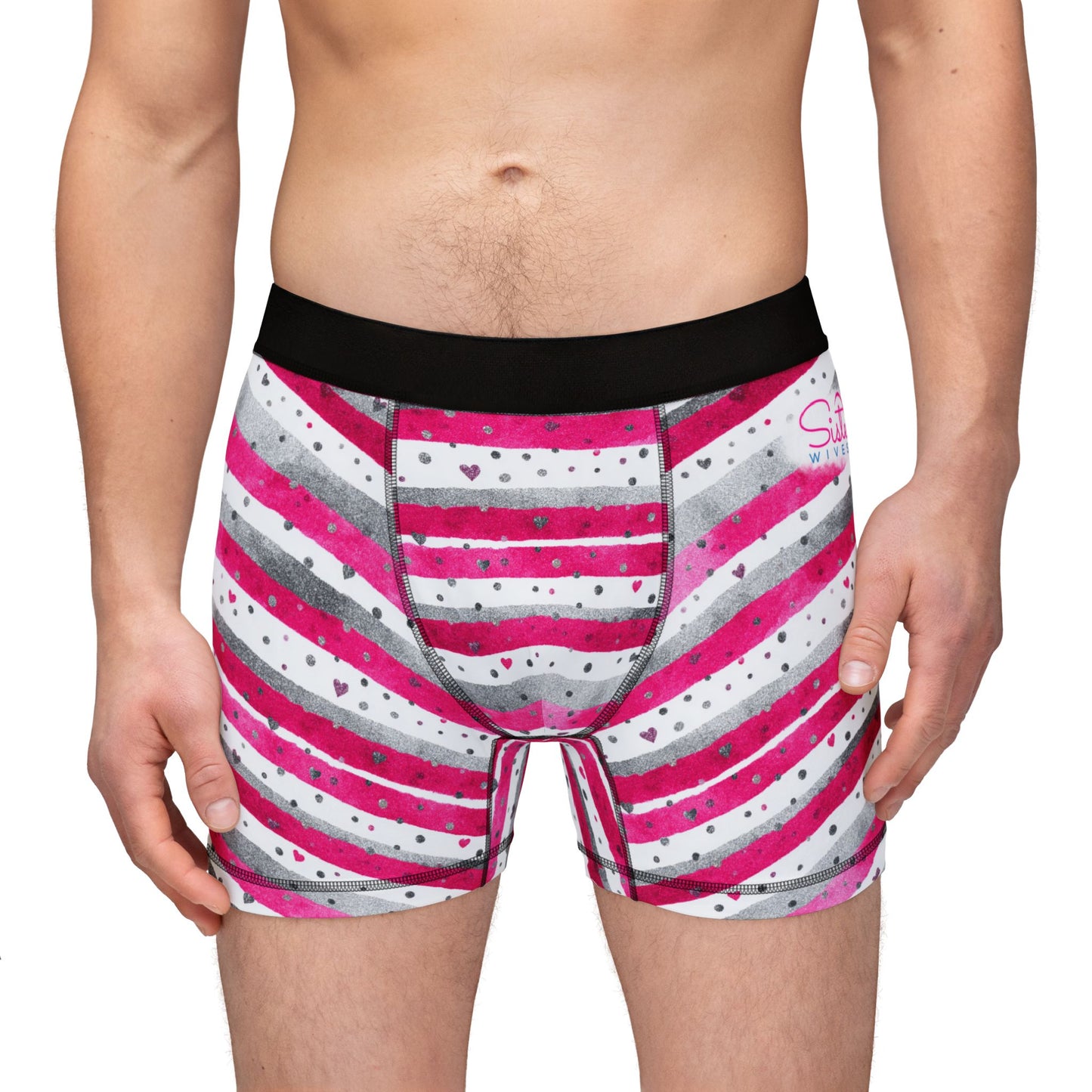 Men’s Valentine’s Heart Stripe Boxer Briefs – Pink & Gray Striped Boxers, Polyamory & Swinger Friendly Underwear, ENM Pride, Matching Couples Sets Available