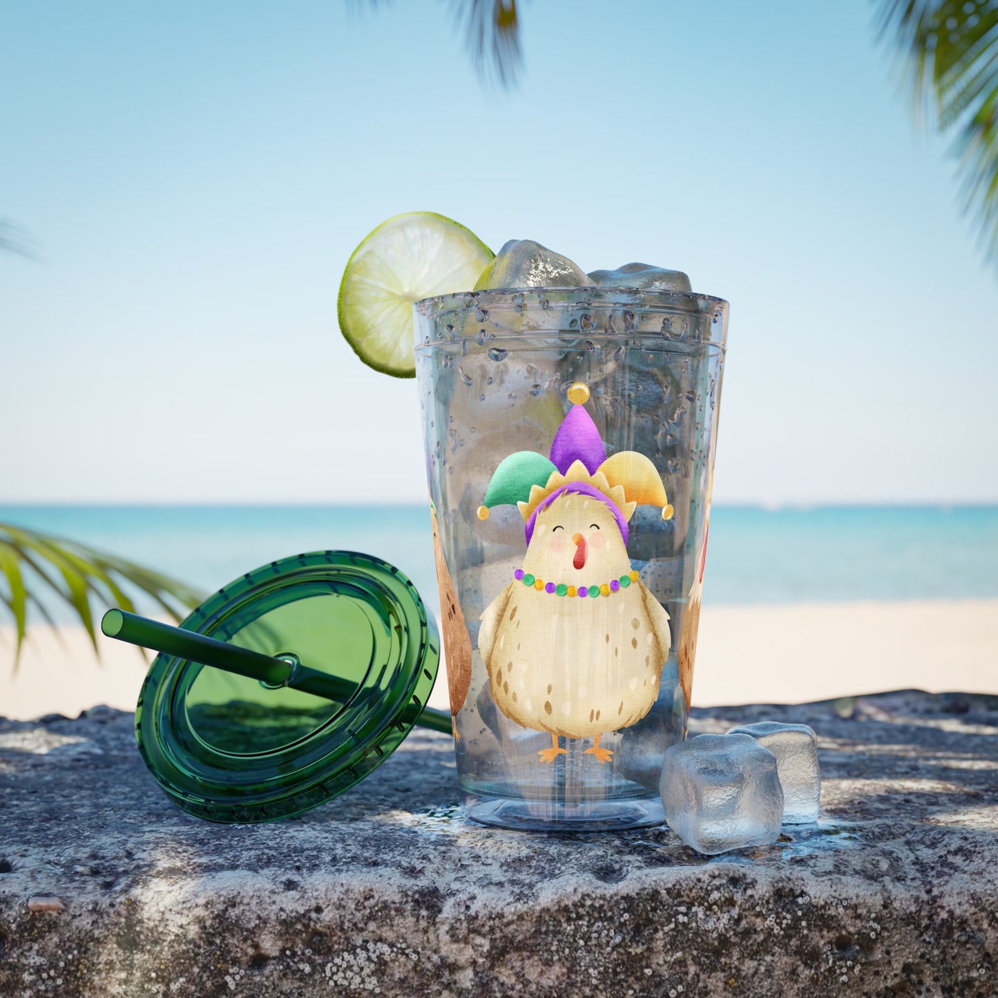 Mardi Gras Chicken 16oz Sunsplash Tumbler | Funny Farm Chicken Drink Cup | Cajun Mardi Gras Drinkware | Colorful Chicken Lover Gift | Farmhouse Humor Tumbler