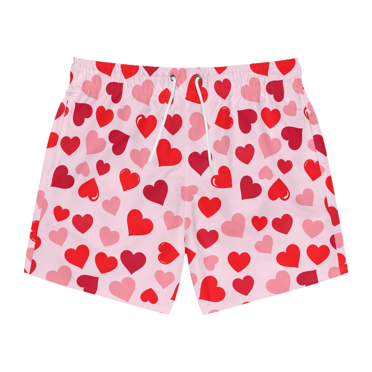 Pink Men’s Valentine’s Heart Swim Trunks – Red Heart Print Board Shorts, Polyamory & ENM Friendly Swimwear, Fast-Dry Summer Shorts