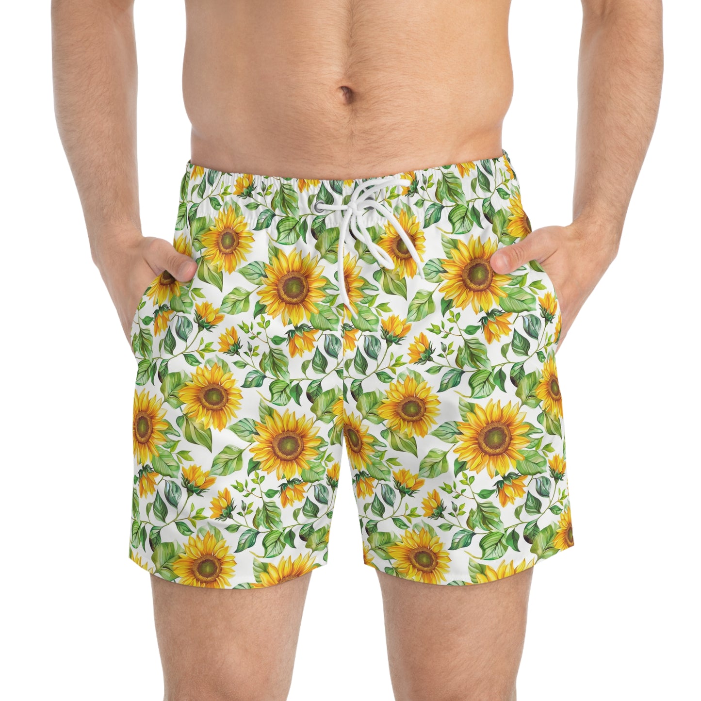 Men’s Sunflower & Daisy Swim Trunks – Bright Floral Summer Swim Shorts, ENM Polyamory Friendly Beach Board Shorts, Fast-Dry