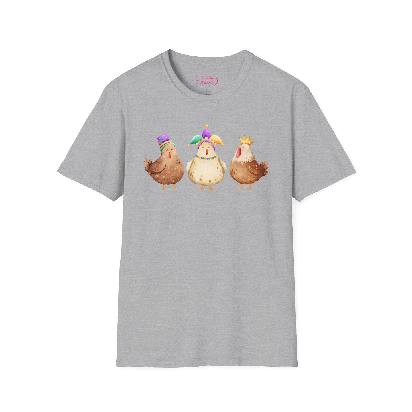 Throuple Chicken T-Shirt | Polyamory ENM Pride Tee | Cute Mardi Gras Chickens Graphic Shirt | Chosen Family Swinger Lifestyle Apparel