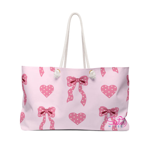 Coquette Bow & Heart Weekender Bag – Pink Sister Wife & Polyamory Travel Tote | Ethical Non-Monogamy Aesthetic Overnight Bag