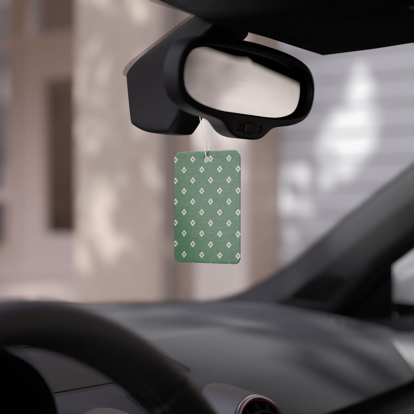 Green Geometric Car Air Freshener – Vintage Neutral Aesthetic Hanging Diffuser | Pine, New Car & Black Ice Scents