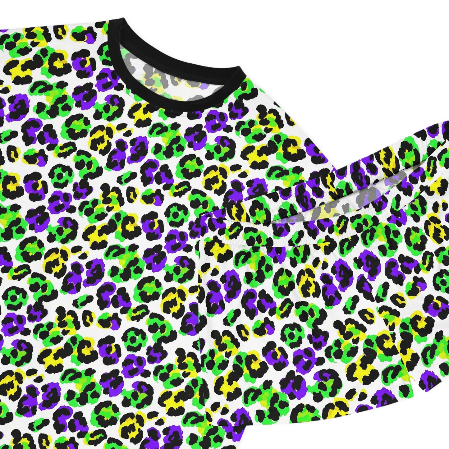Mardi Gras Leopard Print Pajama Set – Animal Print Short Sleeve Sleepwear, Polyamory Friendly ENM Lounge Set, Bold Festival Pajamas