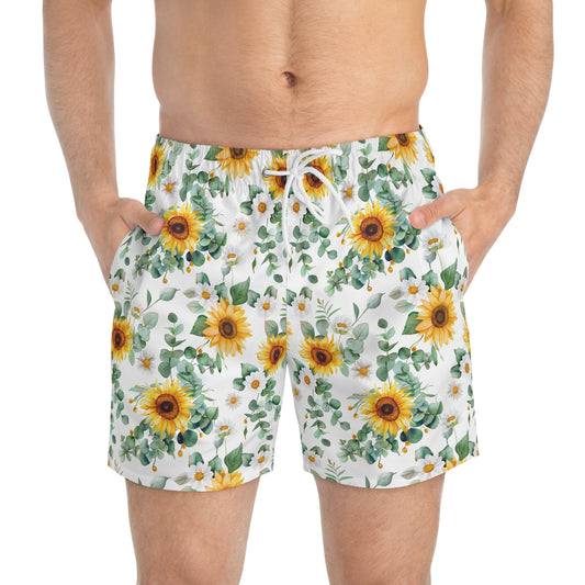 Men’s Sunflower & Daisy Swim Trunks – Bright Floral Summer Swim Shorts, ENM Polyamory Friendly Beach Board Shorts, Fast-Dry