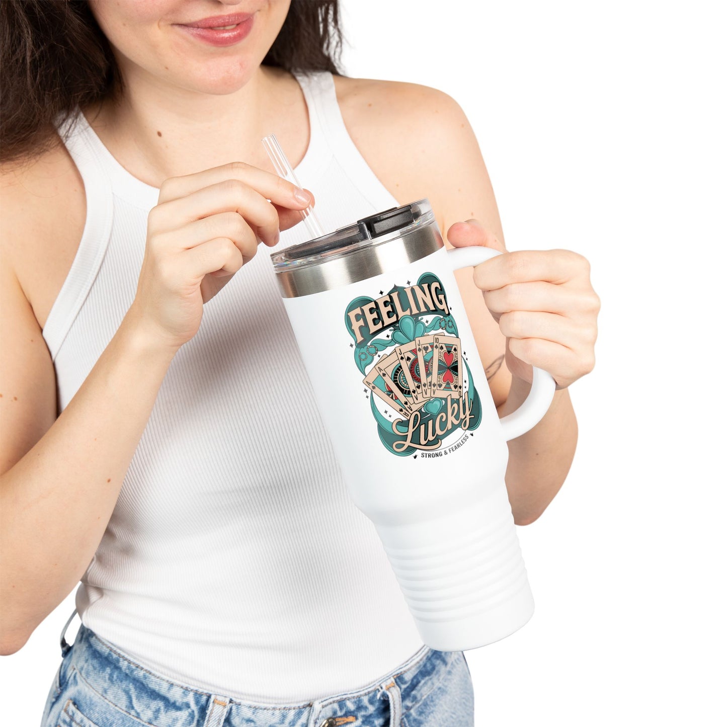 Feeling Lucky 40oz Insulated Travel Mug – Vintage Playing Card Lucky Charm Tumbler with Straw | Stainless Steel BPA-Free Cup