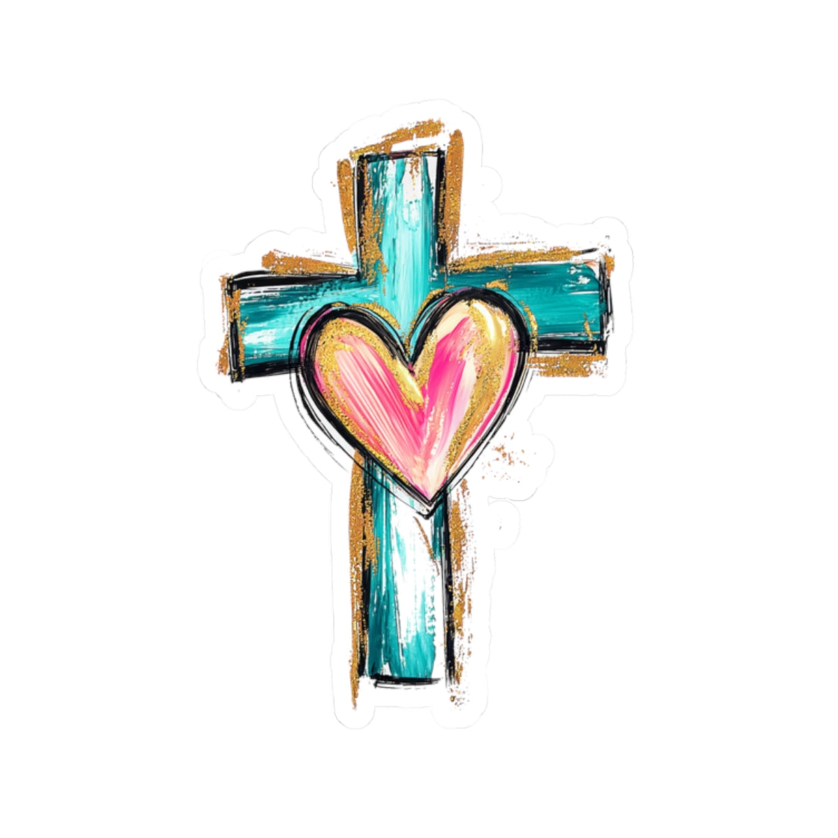 Cross With Heart Kiss Cut Sticker – Faith Inspired Vinyl Sticker | Love & Grace Christian Decal | Laptop Water Bottle Sticker