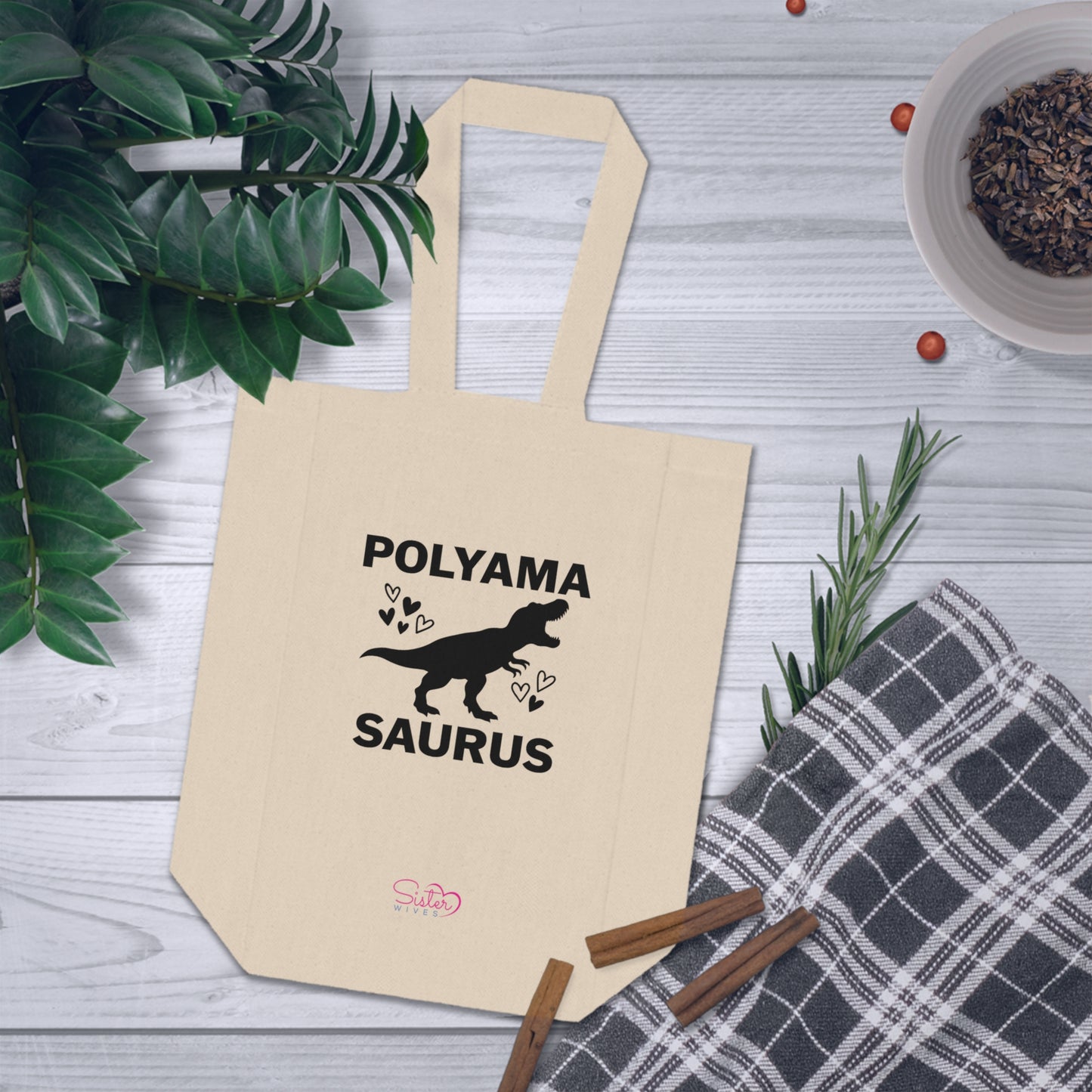 Polyamasaurus Double Wine Tote Bag – Funny Polyamory Dinosaur Wine Carrier | ENM Date Night Tote | 2 Bottle Canvas Wine Bag