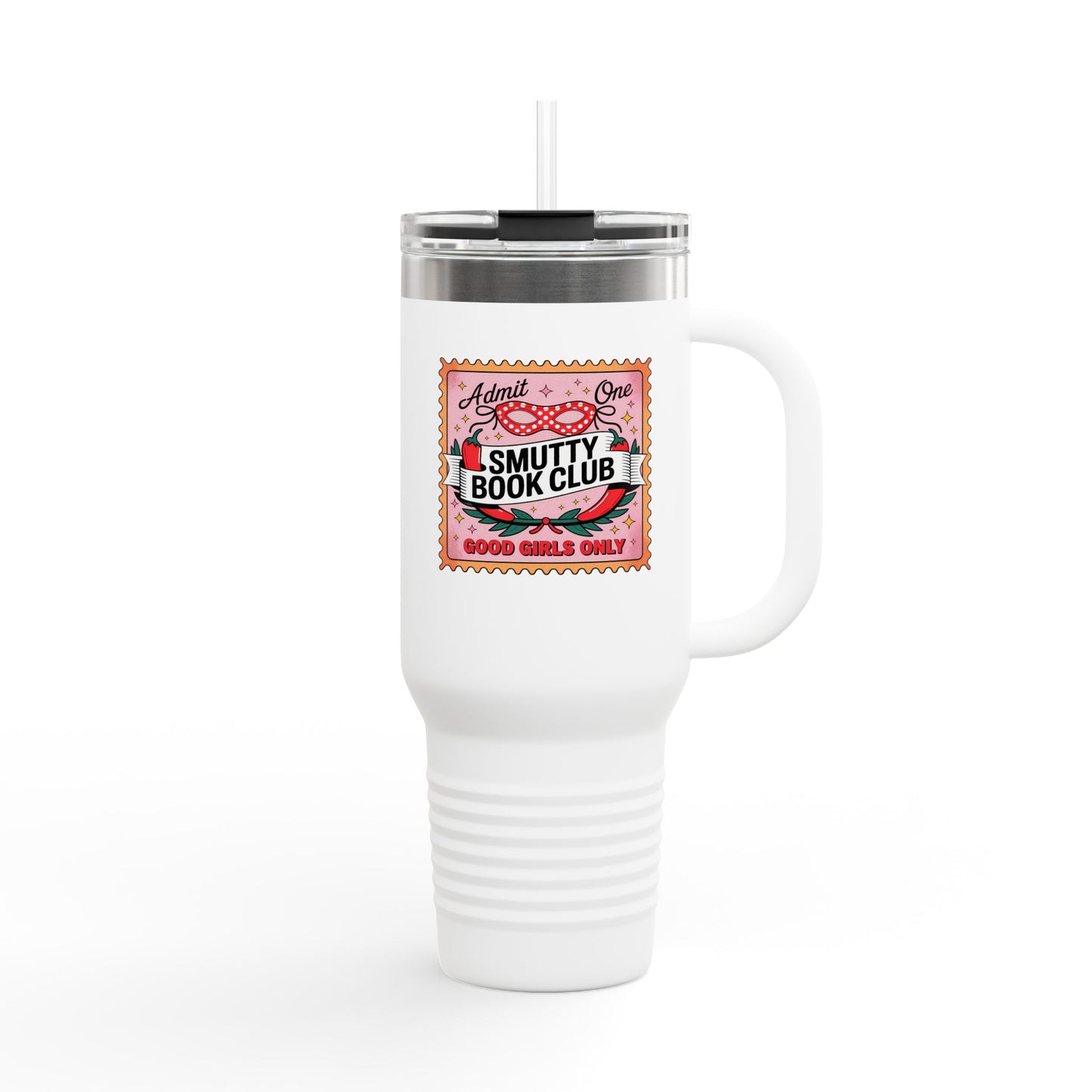 Smutty Book Club 40oz Insulated Travel Mug – Admit One Romance Reader Tumbler with Straw | Funny Spicy Booktok Cup