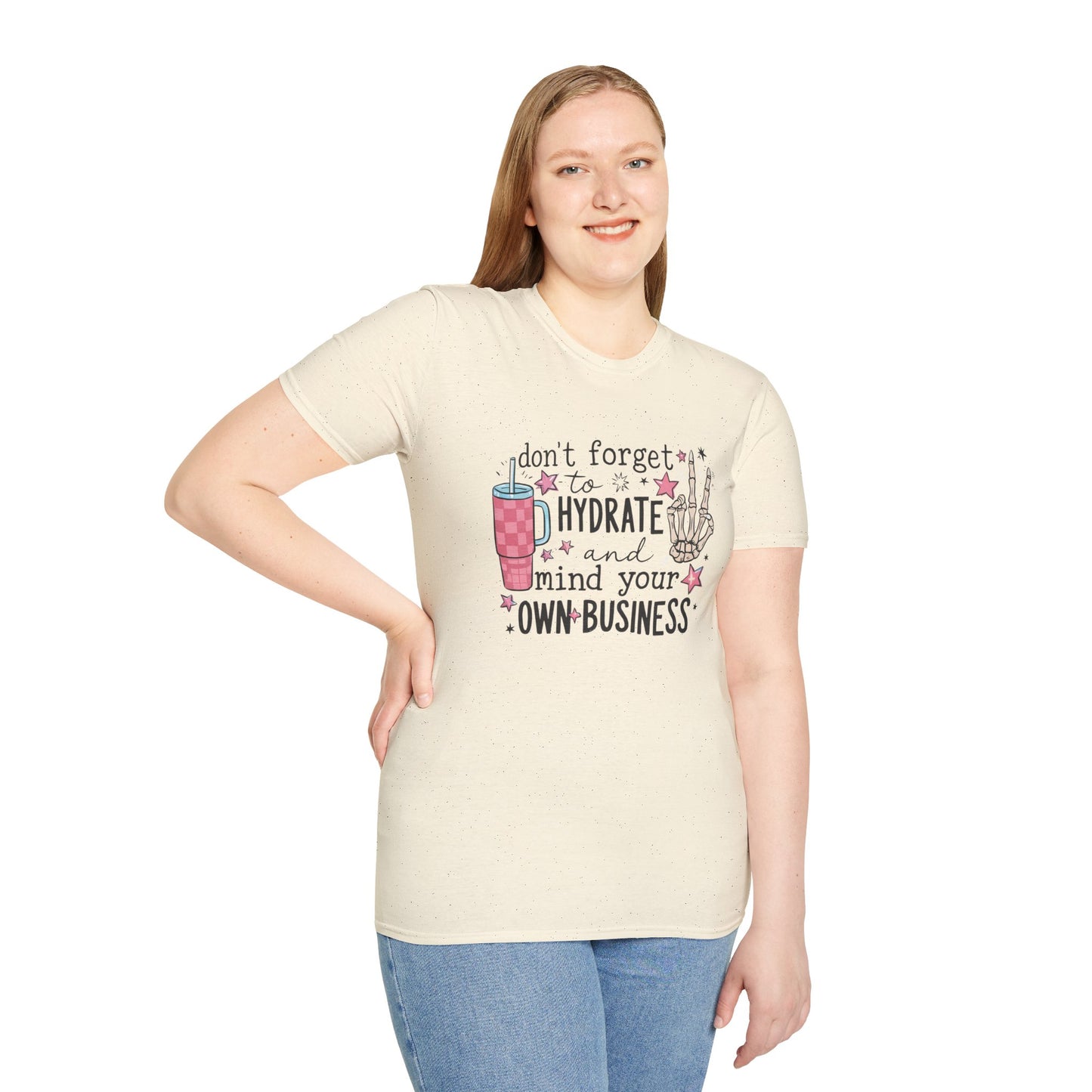 Hydrate and Mind Your Own Business Shirt Funny Self Care Tee, Sassy Wellness Graphic Shirt, Poly-Friendly ENM Unisex Gildan 64000