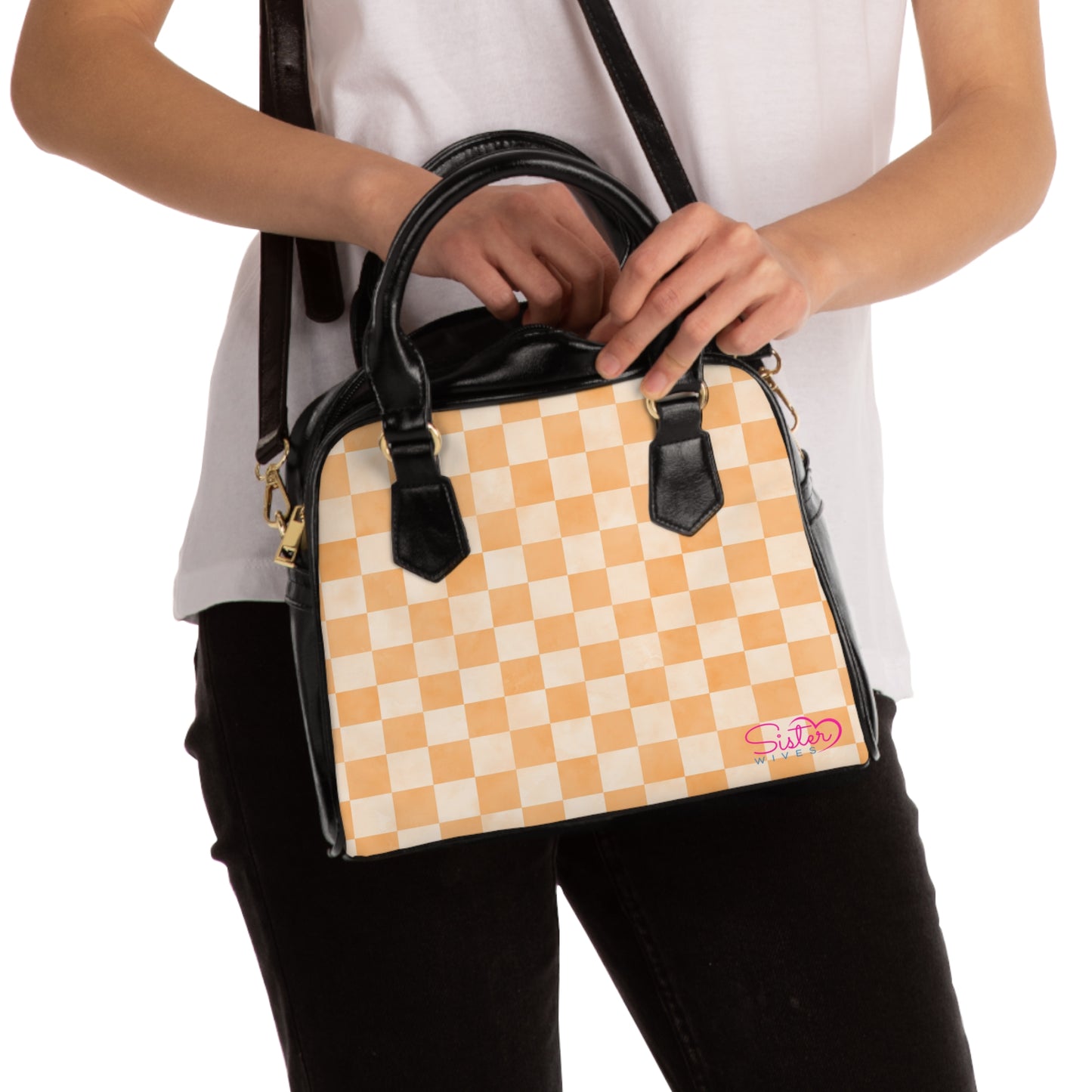 Peach Checkered Shoulder Handbag – Soft Retro Checkerboard PU Leather Purse, Polyamory & ENM Friendly Fashion Bag, Love-Positive Gift