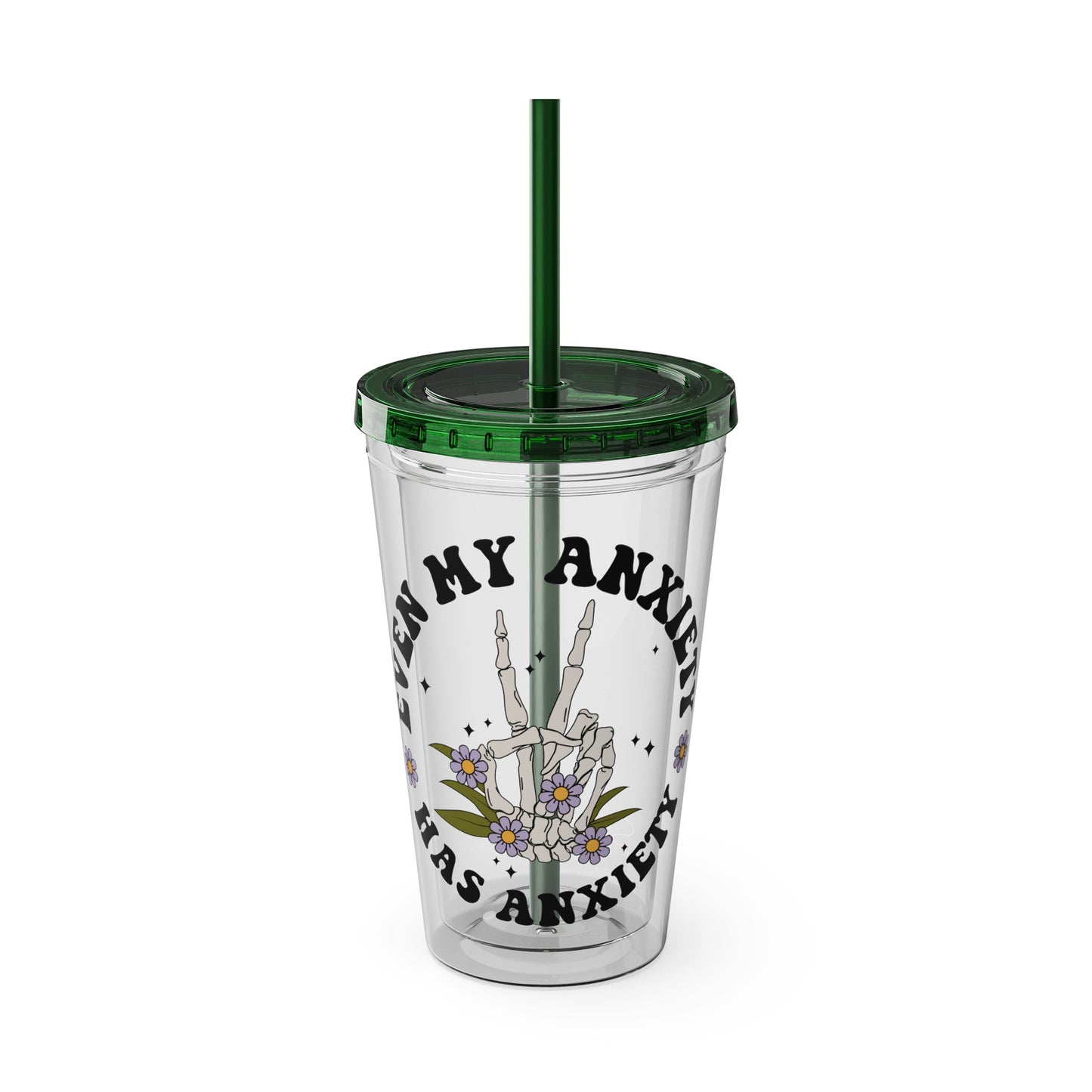 Even My Anxiety Has Anxiety” Skeleton Peace Sign 16oz Sunsplash Tumbler | Dark Humor Mental Health Cup | Goth Aesthetic Drinkware | Spooky Skeleton Cup | Anxiety Humor Gift