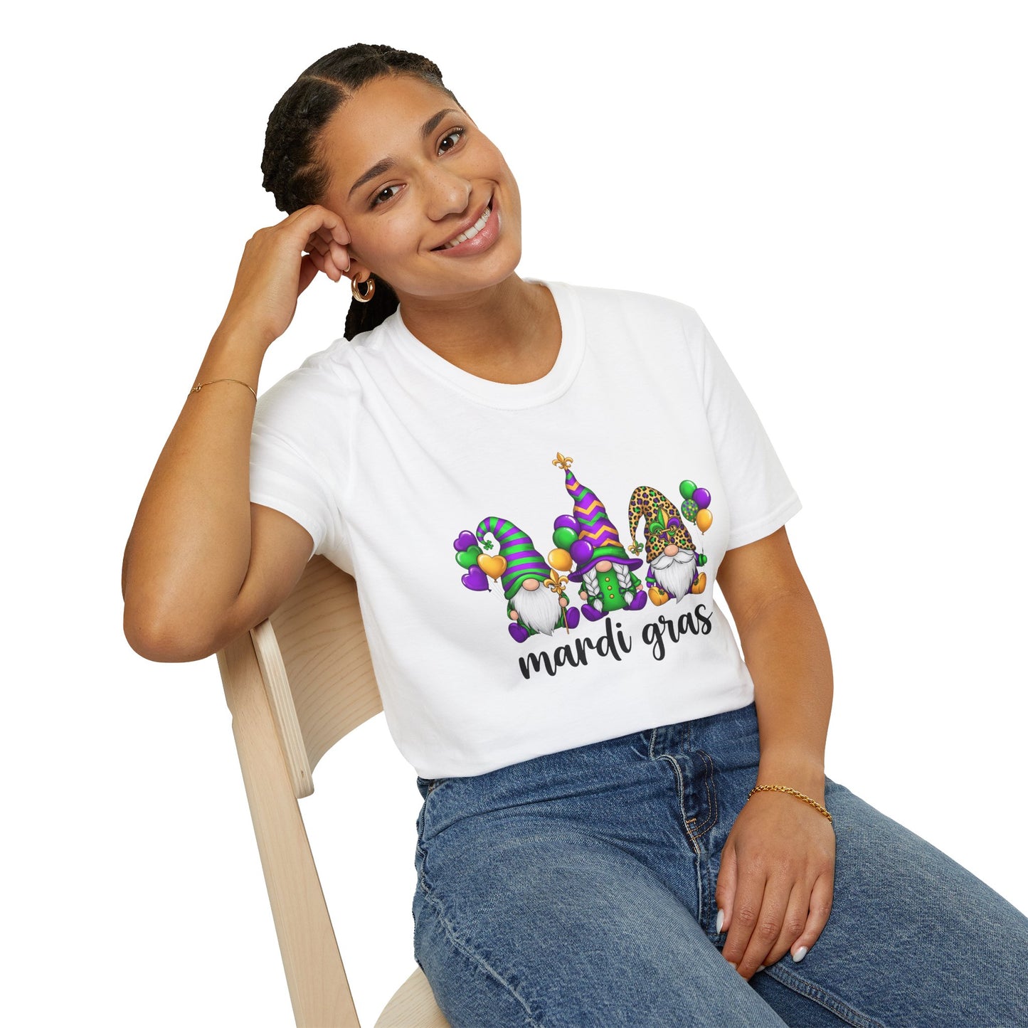 Mardi Gras Throuple Gnome T-Shirt | Polyamory ENM Pride Tee | Festive Gnome Graphic Shirt | Chosen Family Swinger Lifestyle Apparel