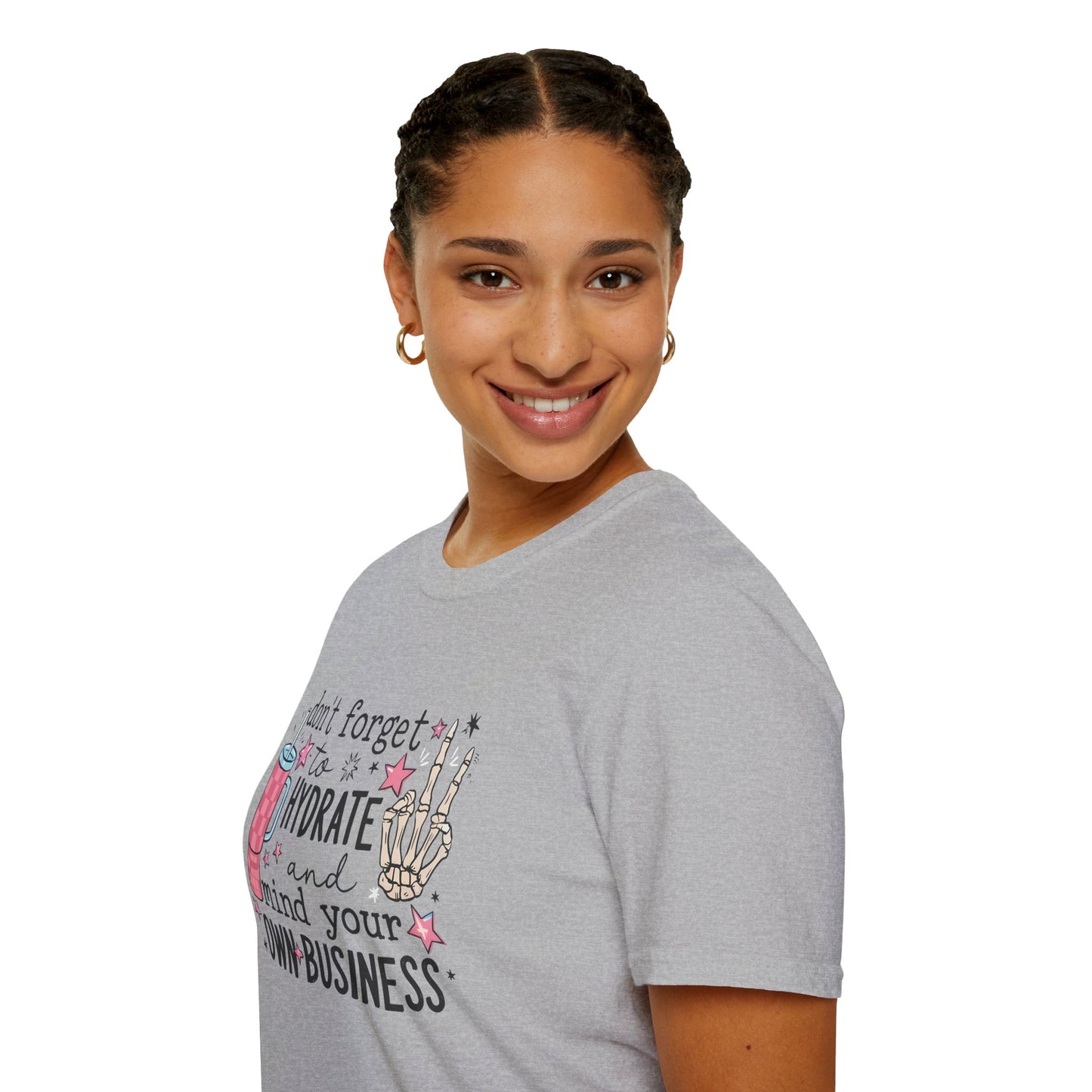Hydrate and Mind Your Own Business Shirt Funny Self Care Tee, Sassy Wellness Graphic Shirt, Poly-Friendly ENM Unisex Gildan 64000