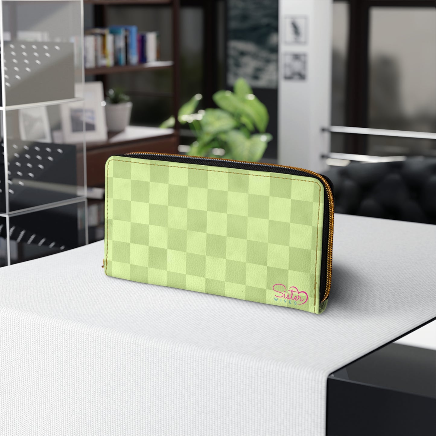 Checkered Green Zipper Wallet | Polyamory Friendly Accessory | ENM Lifestyle Wallet | Inclusive Chosen Family Gift | Colorful Retro Checker Wallet