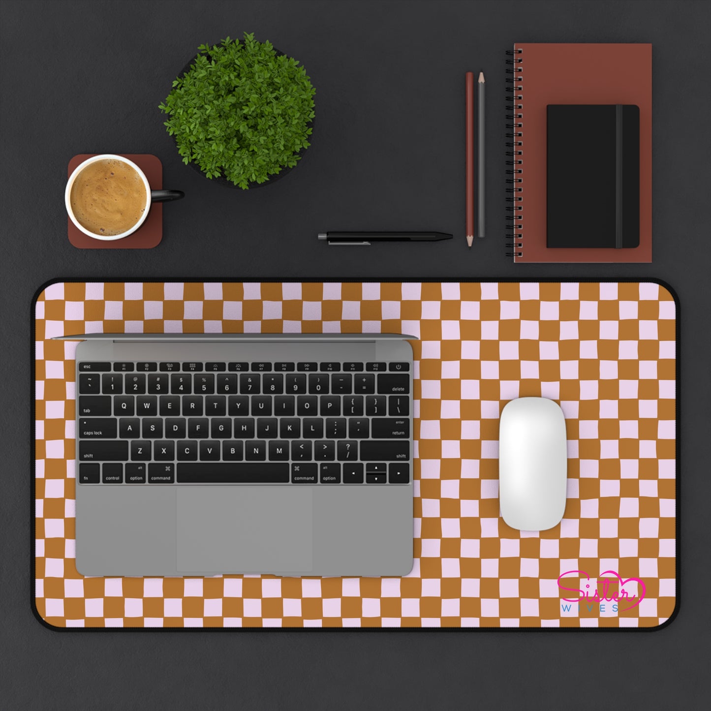 Brown Checkered Desk Mat – Retro Checkerboard Mouse Pad, Neoprene Extended Desk Mat, Polyamory Friendly Office Decor, Love-Positive Workspace Accessory