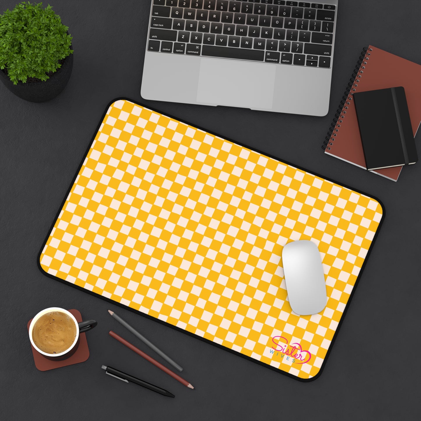 Yellow Checkered Desk Mat – Retro Checkerboard Mouse Pad, Neoprene Extended Desk Mat, Polyamory Friendly Office Decor, Love-Positive Workspace Accessory