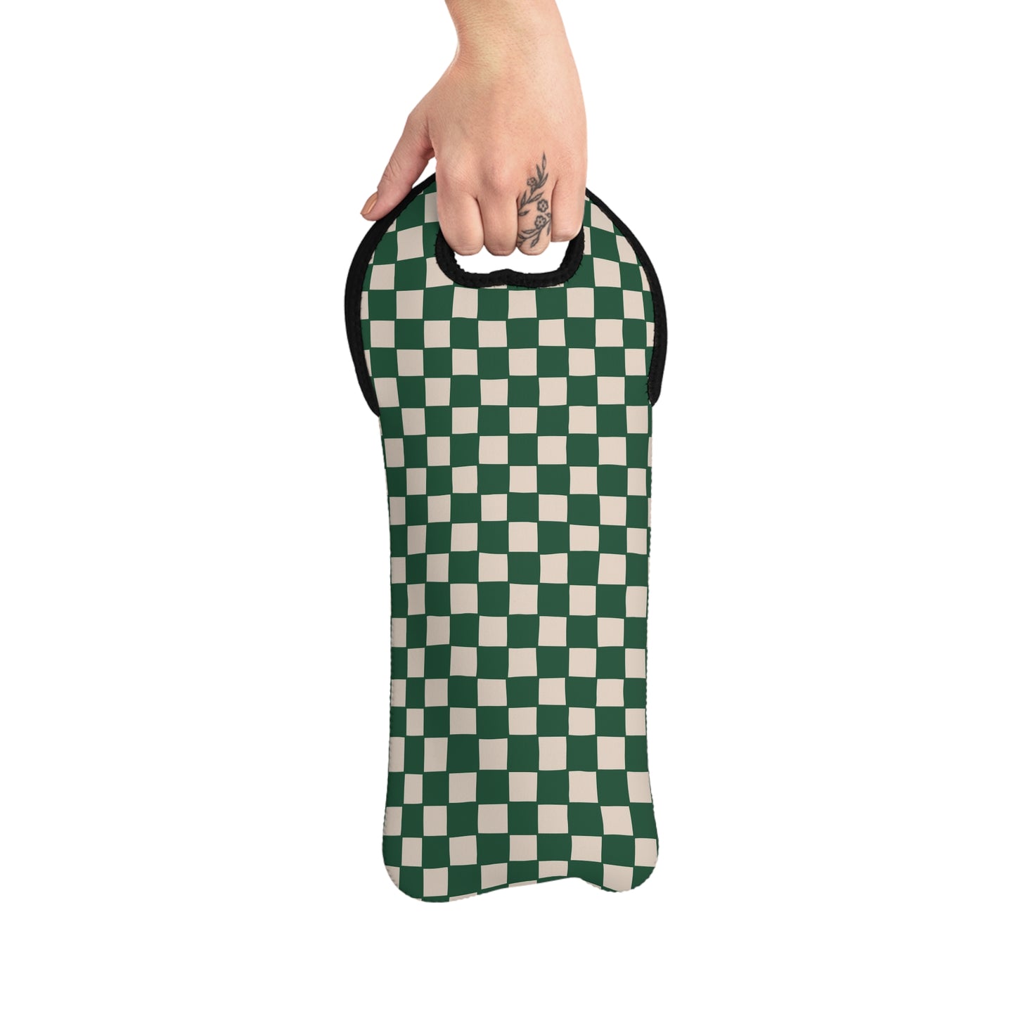 Dark Green Checkered Wine Tote Bag – Reusable Neoprene Wine Bottle Carrier with Handle