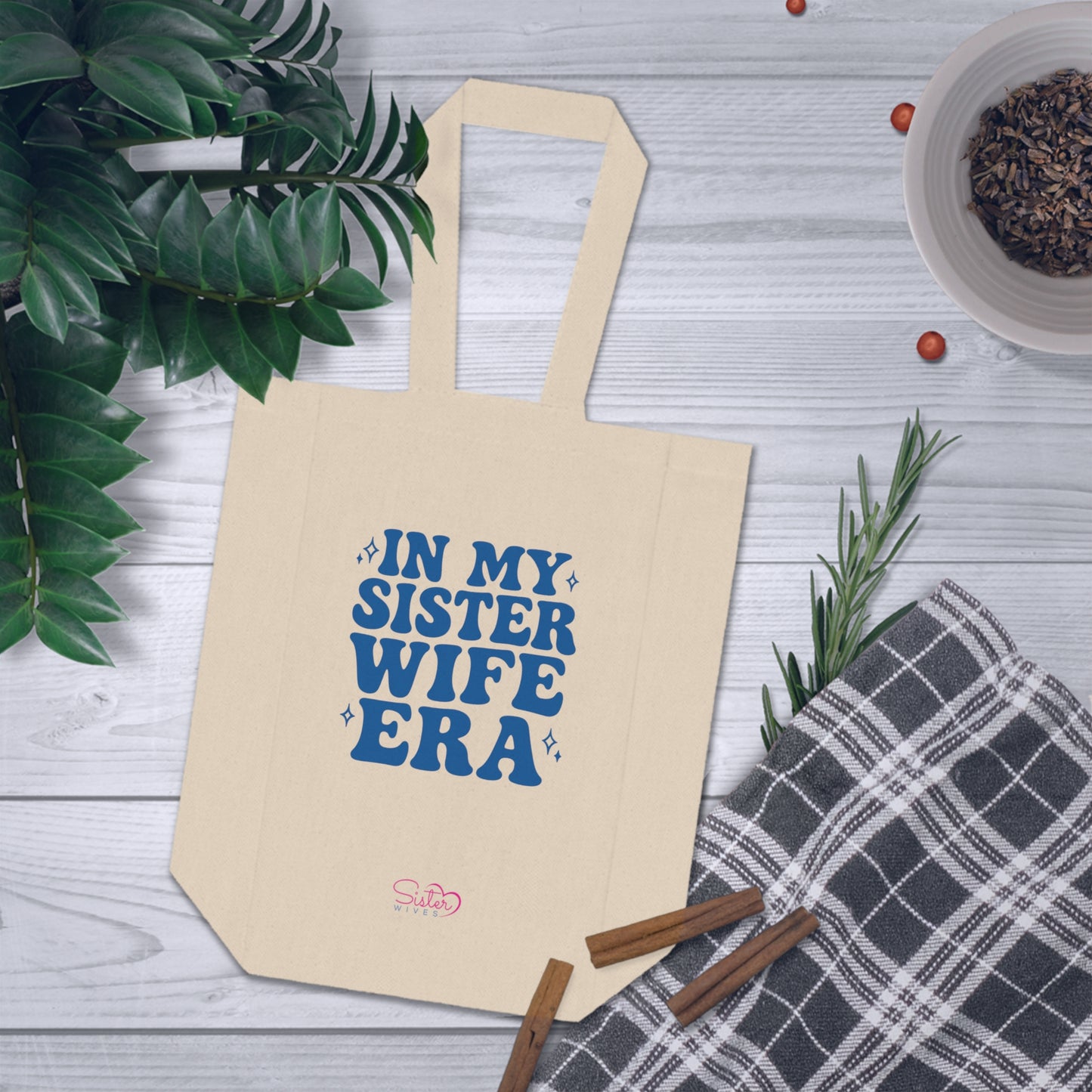 Double Wine Tote Blue "In My Sister Wife Era" Canvas Bottle Carrier, Bridal Shower & Sisterhood Gift