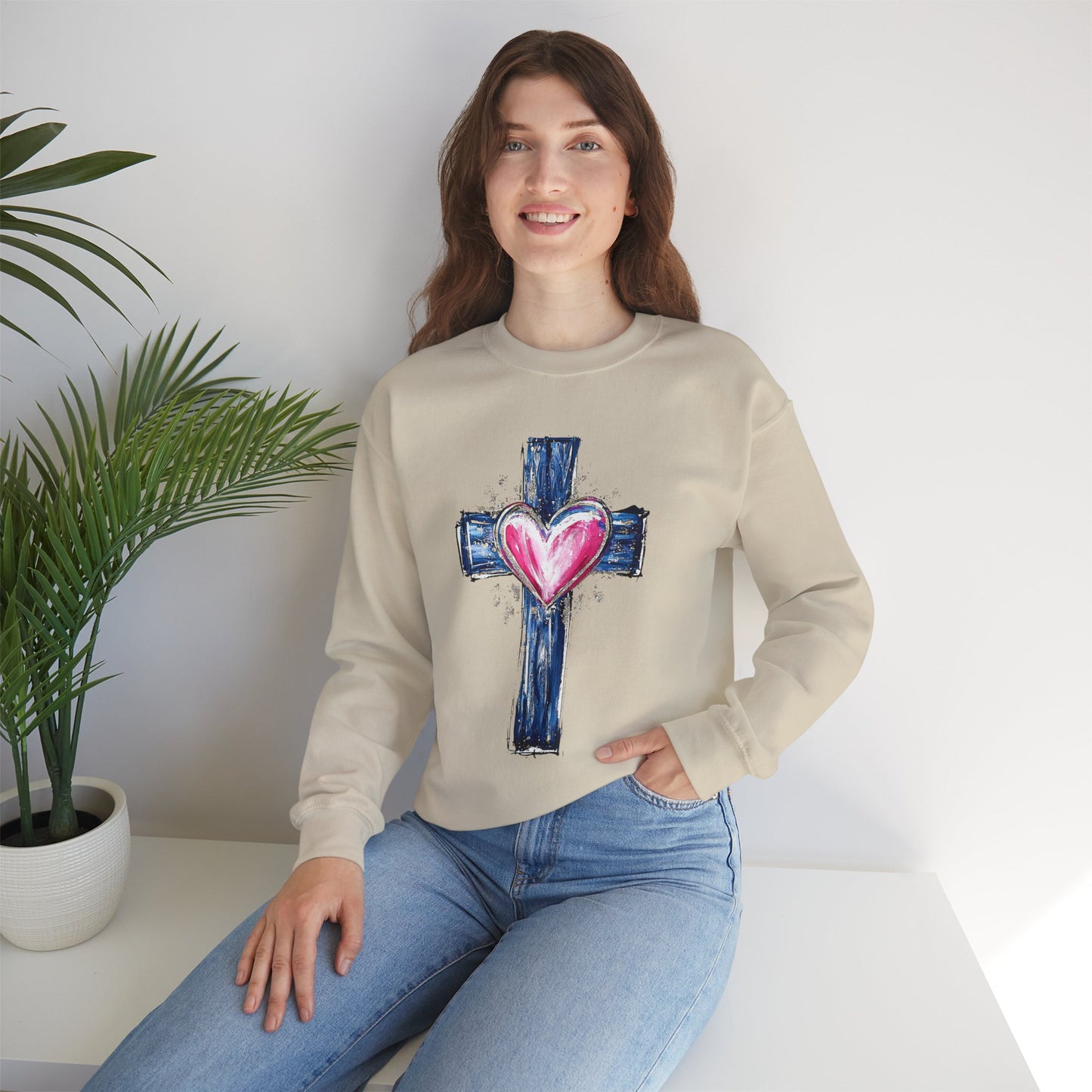 Cross with Heart Crewneck Sweatshirt | Love-Centered Faith Pullover | Inclusive Christian Apparel | Cozy Spiritual Sweatshirt