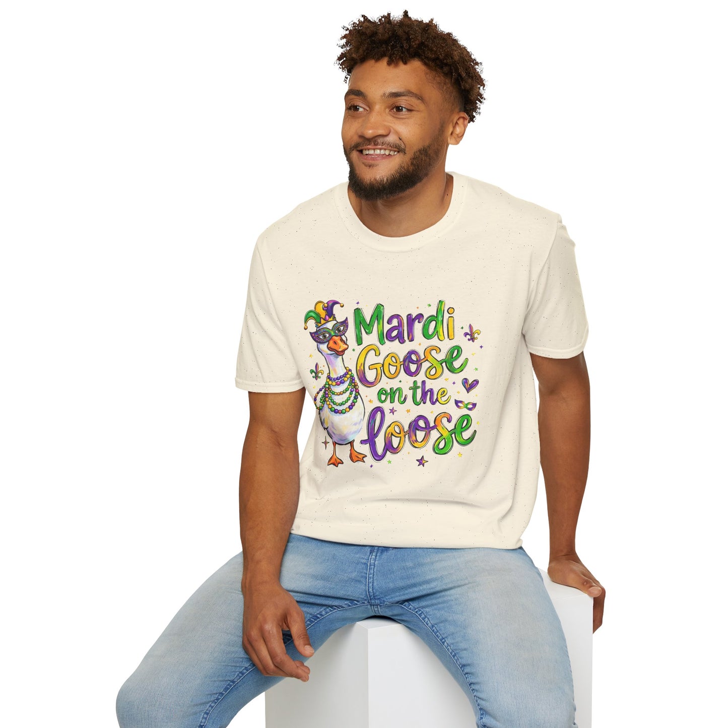 Mardi Goose on the Loose Shirt – Funny Mardi Gras Goose T-Shirt, Polyamory ENM Non-Monogamy Carnival Tee, Unisex Gildan 64000