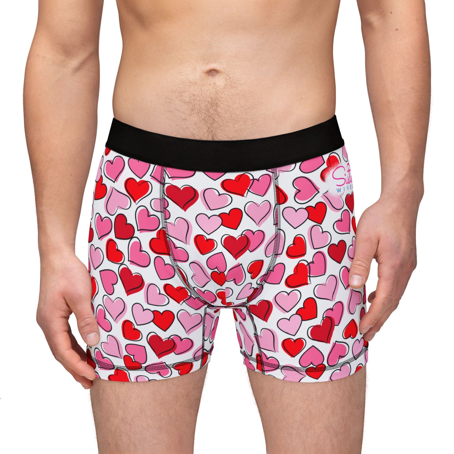 White Men’s Heart Print Boxer Briefs – Polyamory & Swinger Friendly Underwear, ENM Pride Boxers, Matching Couples & Pairs Available