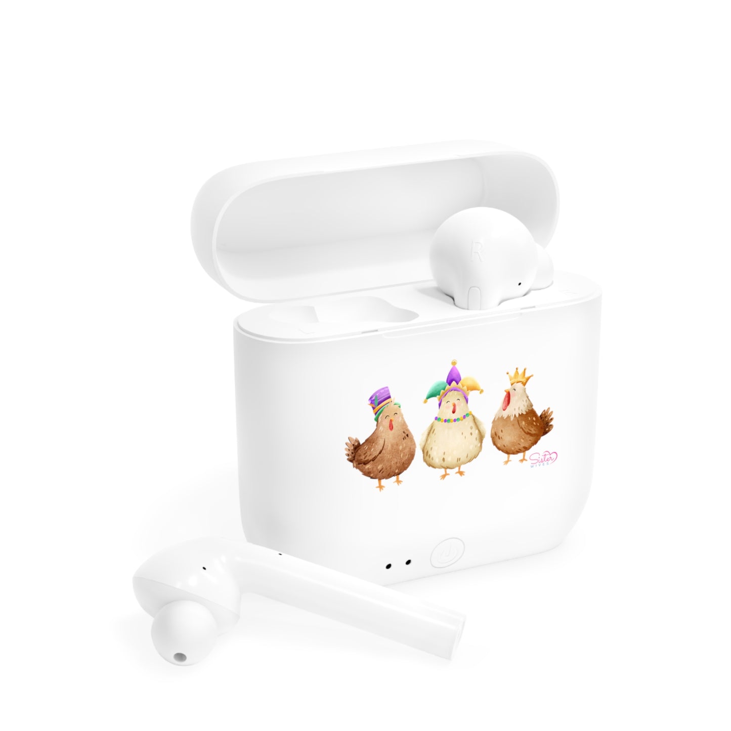 Throuple Mardi Gras Chicken Wireless Earbuds – Polyamory ENM Pride | Sisterwives Farm Humor Earbuds
