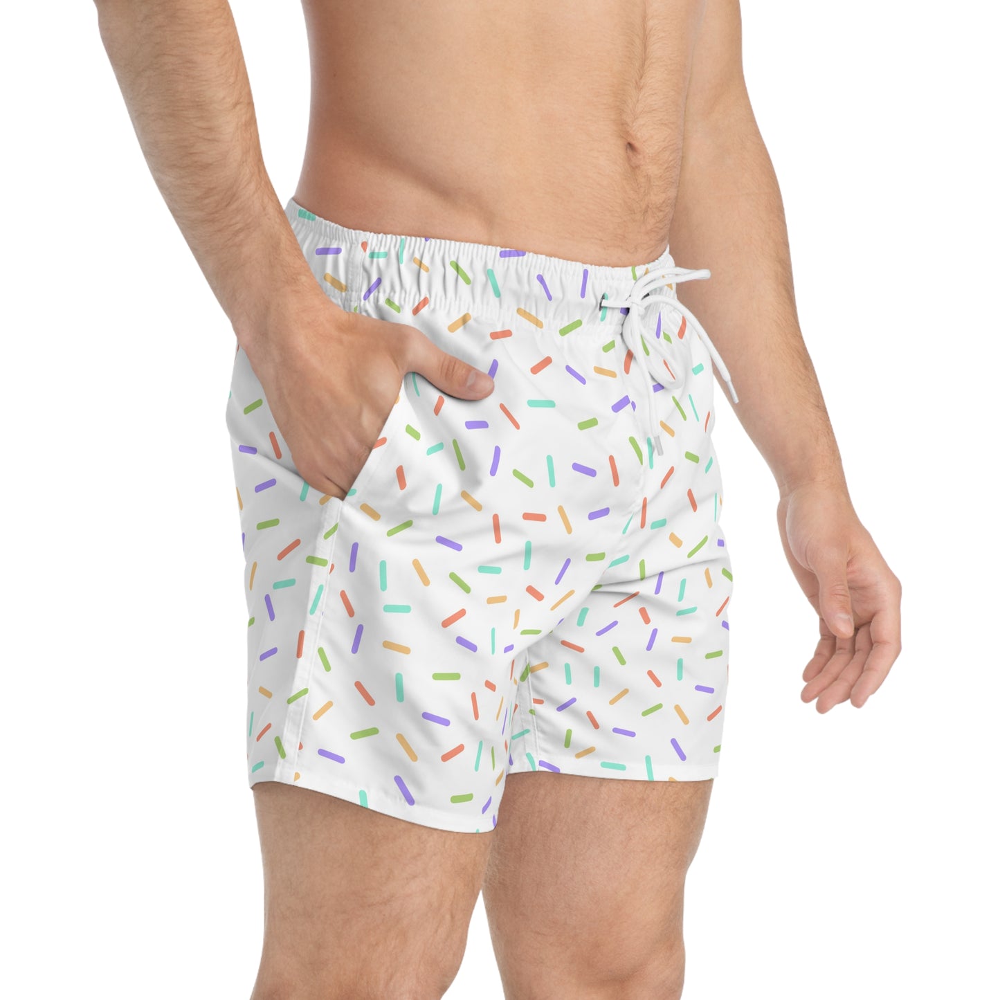 Men’s Rainbow Sprinkle Swim Trunks – Pastel Confetti Summer Swim Shorts, Fun Pool & Beach Board Shorts, Fast-Dry AOP Trunks
