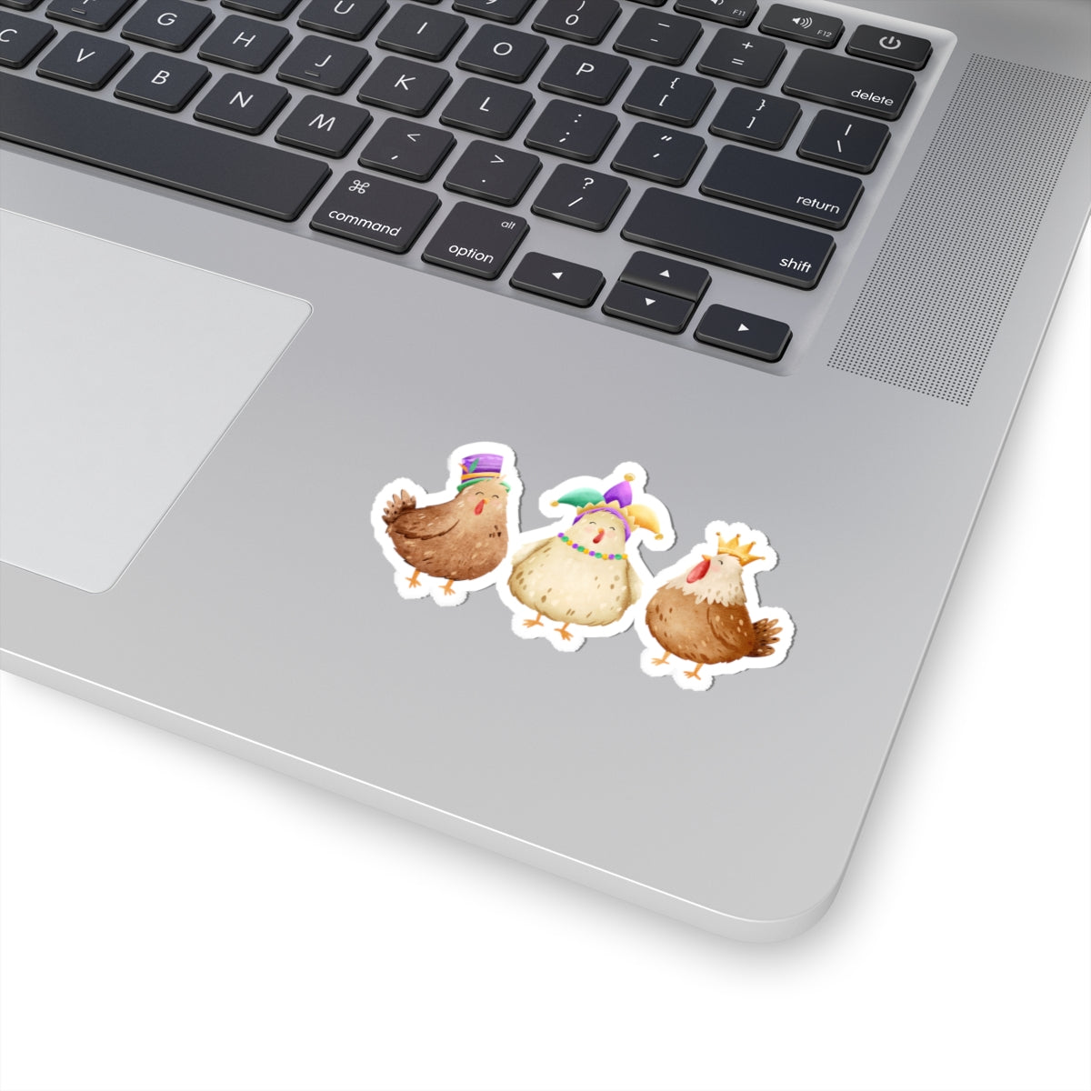 Throuple Mardi Gras Chickens Kiss‑Cut Sticker | Polyamory ENM Pride Decal | Chosen Family Laptop Sticker