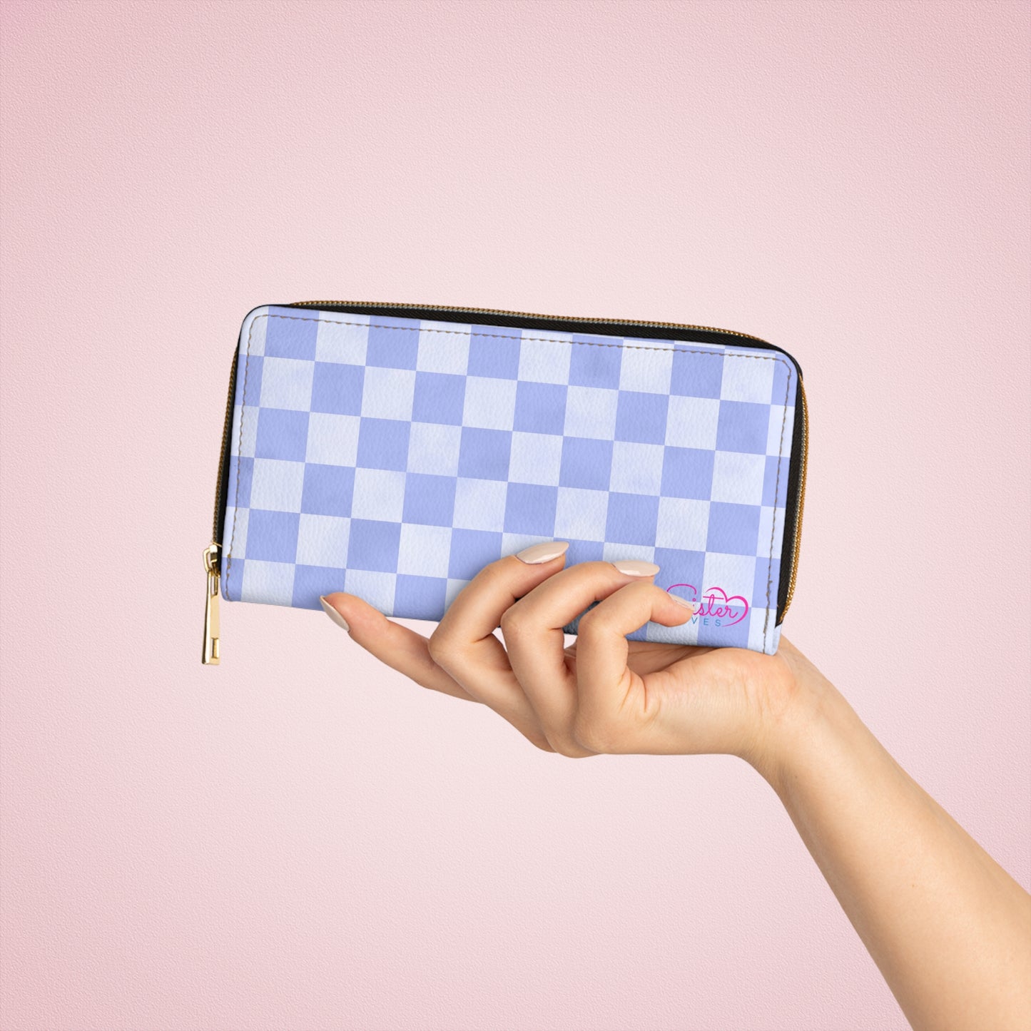 Checkered Blue Zipper Wallet | Polyamory Friendly Accessory | ENM Lifestyle Wallet | Inclusive Chosen Family Gift | Colorful Retro Checker Wallet