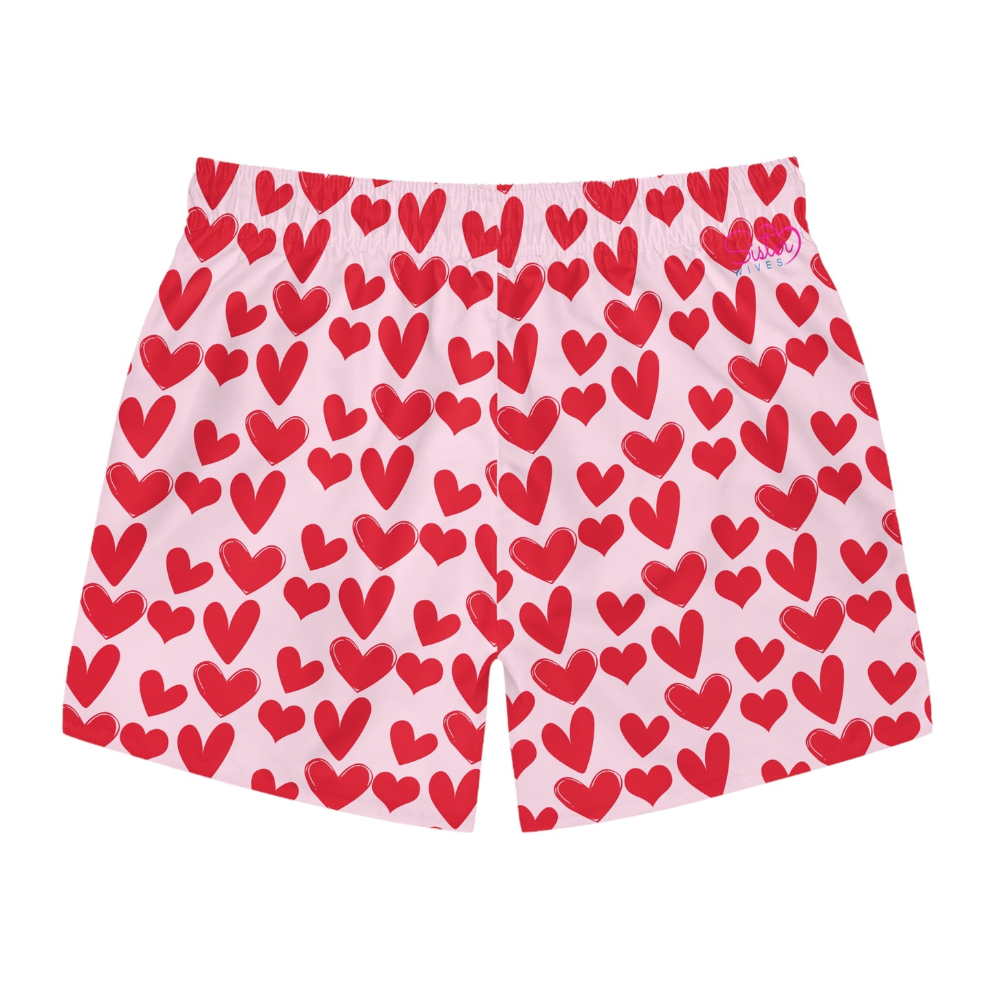 Men’s Valentine’s Heart Swim Trunks – Red Heart Print Board Shorts, Polyamory & ENM Friendly Swimwear, Fast-Dry Summer Shorts
