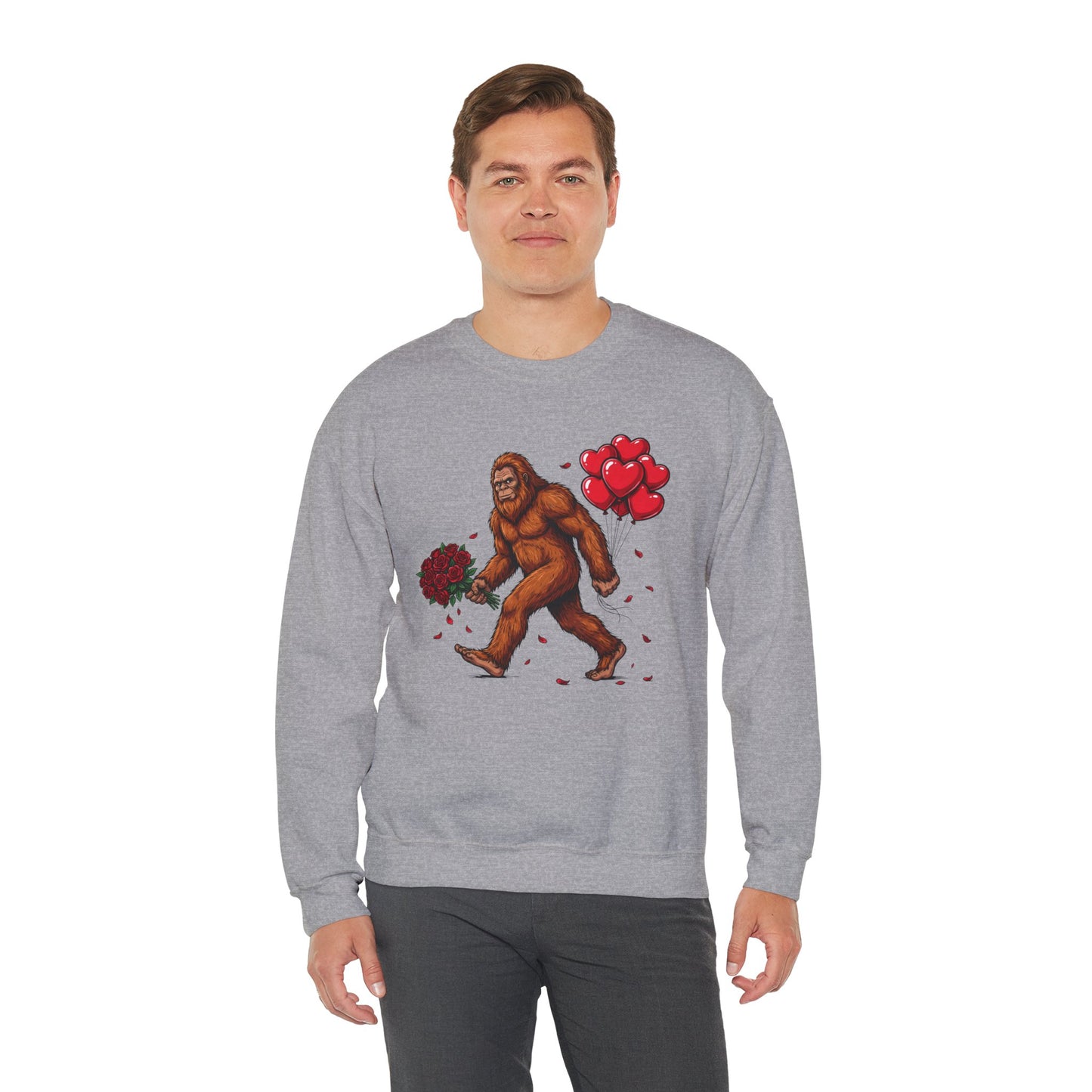 Bigfoot with Flowers Crewneck Sweatshirt | Sasquatch Valentine Pullover | Whimsical Cryptid Love Sweatshirt | Cozy Forest Aesthetic Apparel