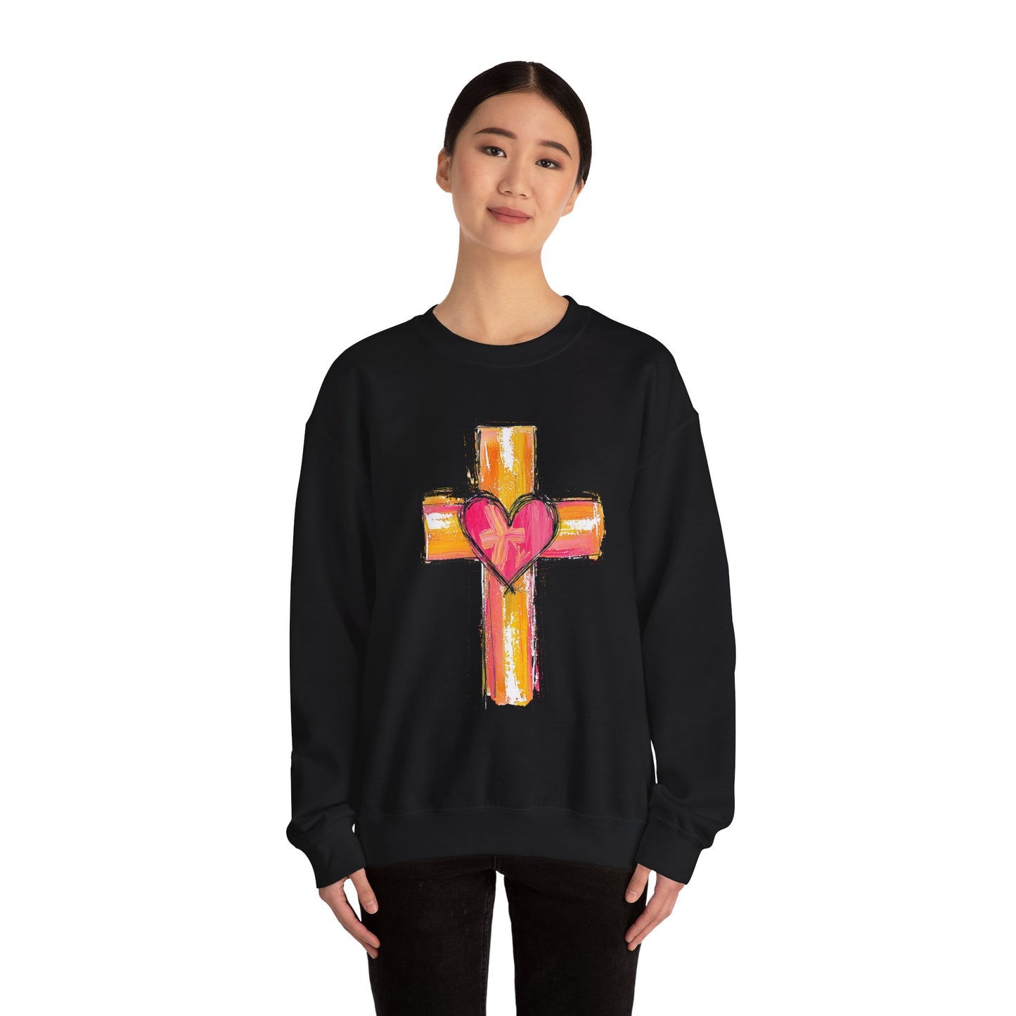 Cross with Heart Crewneck Sweatshirt | Love-Centered Faith Pullover | Inclusive Christian Apparel | Cozy Spiritual Sweatshirt