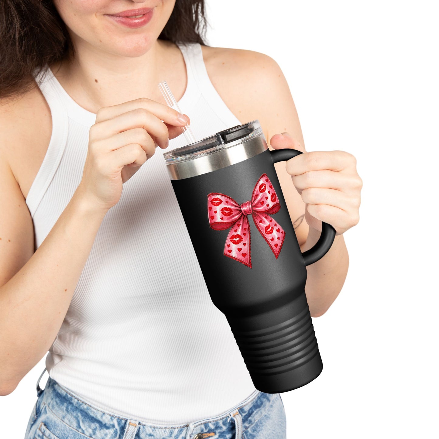 Pink Bow 40oz Insulated Travel Mug – Coquette Aesthetic Stainless Steel Tumbler with Straw | Cute Feminine BPA-Free Cup