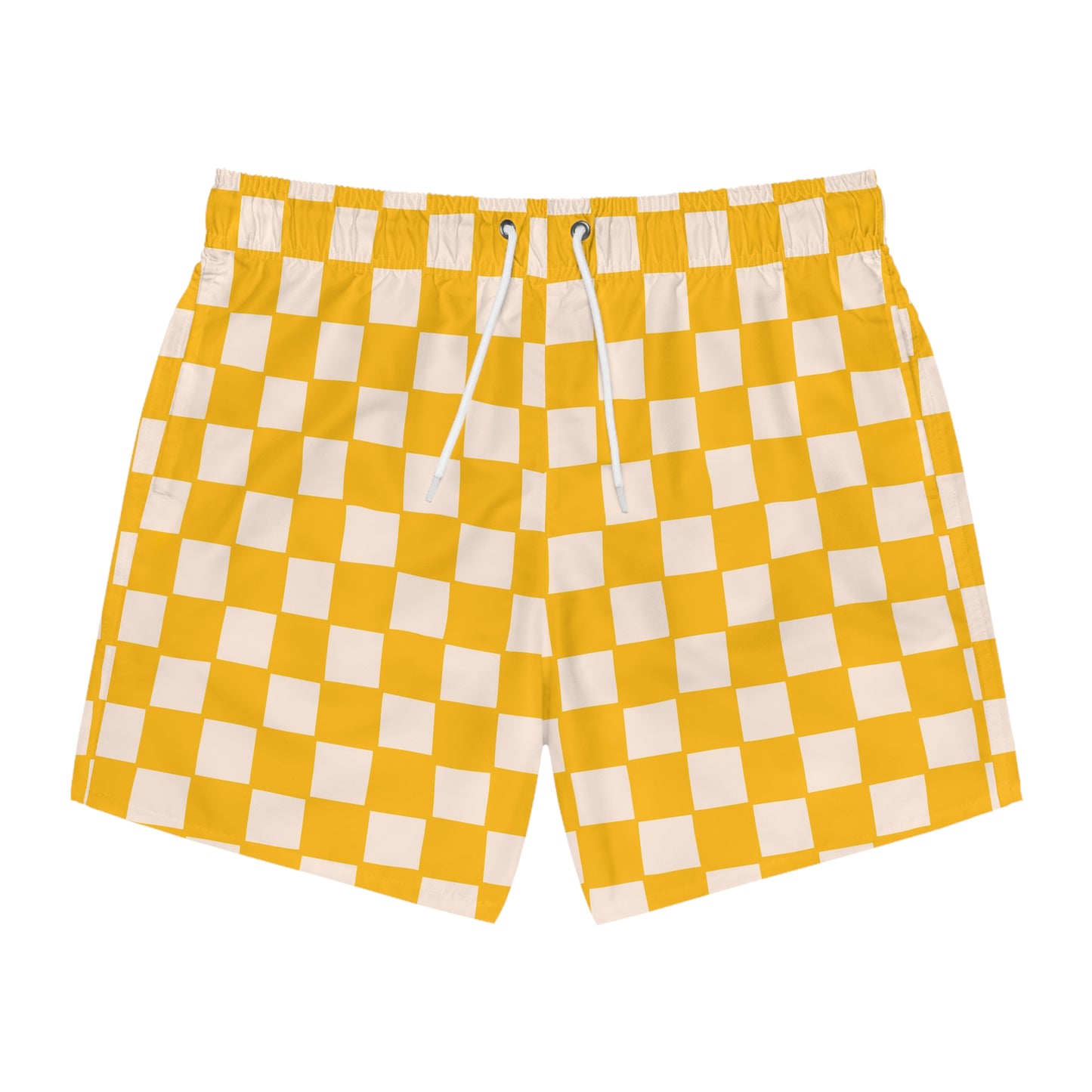 Yellow Checkered Swim Trunks for Men – Retro Fast-Dry Board Shorts with Drawstring | XS–3XL Summer Swimwear